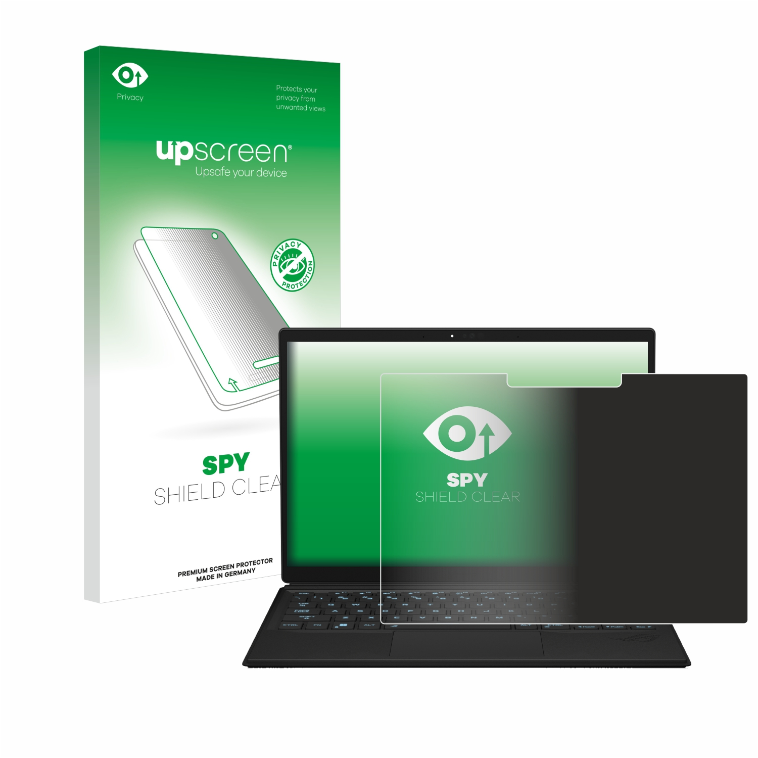 Laptop mit Blickschutzfolie und eine Schachtel mit Blickschutzfolien. Die Schachtel hat das Upscreen-Logo.