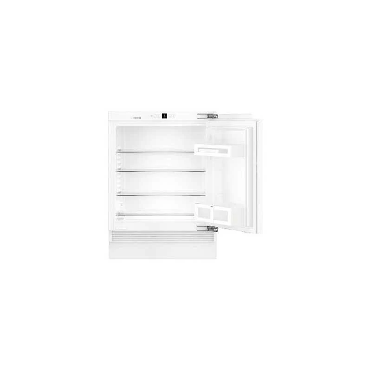 Frigorifero bianco con porta aperta, ripiani visibili, su sfondo bianco.