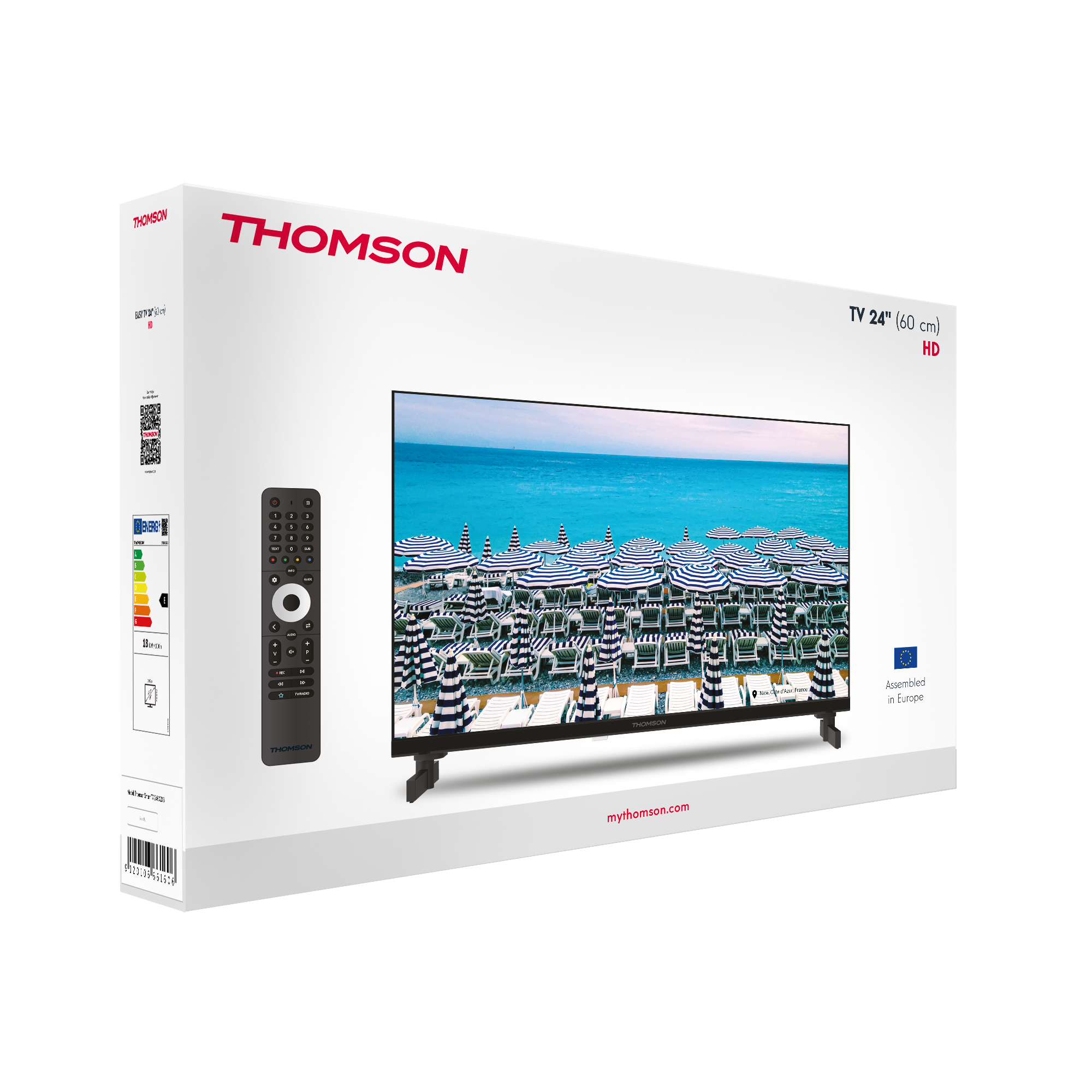 Una caja de TV que muestra un televisor con una escena de playa y un control remoto sobre fondo blanco.
