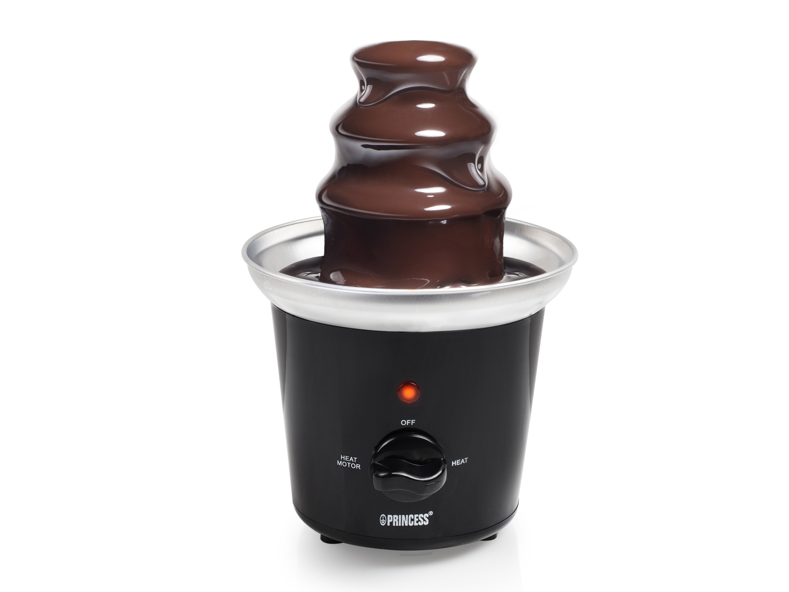 Fuente de chocolate, base negra, borde cromado, con chocolate líquido fluyendo. Luz roja encendida.