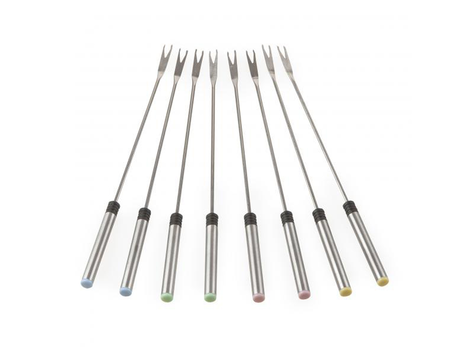 Set von Fonduegabeln mit farbigen Spitzen, angeordnet auf einer weißen Oberfläche.
