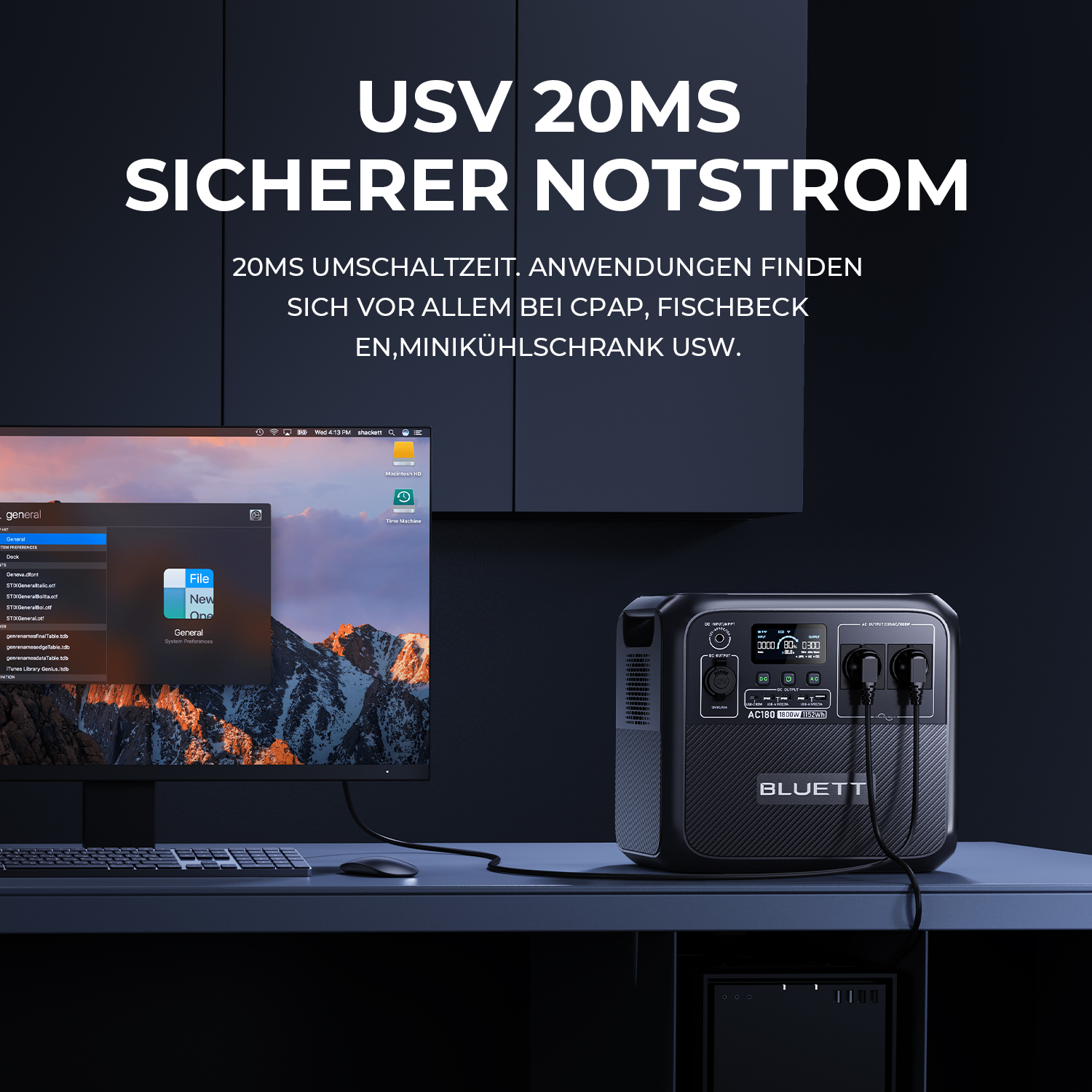 Schwarze Stromstation mit Monitor und Text: USV 20MS SICHERER NOTSTROM.
