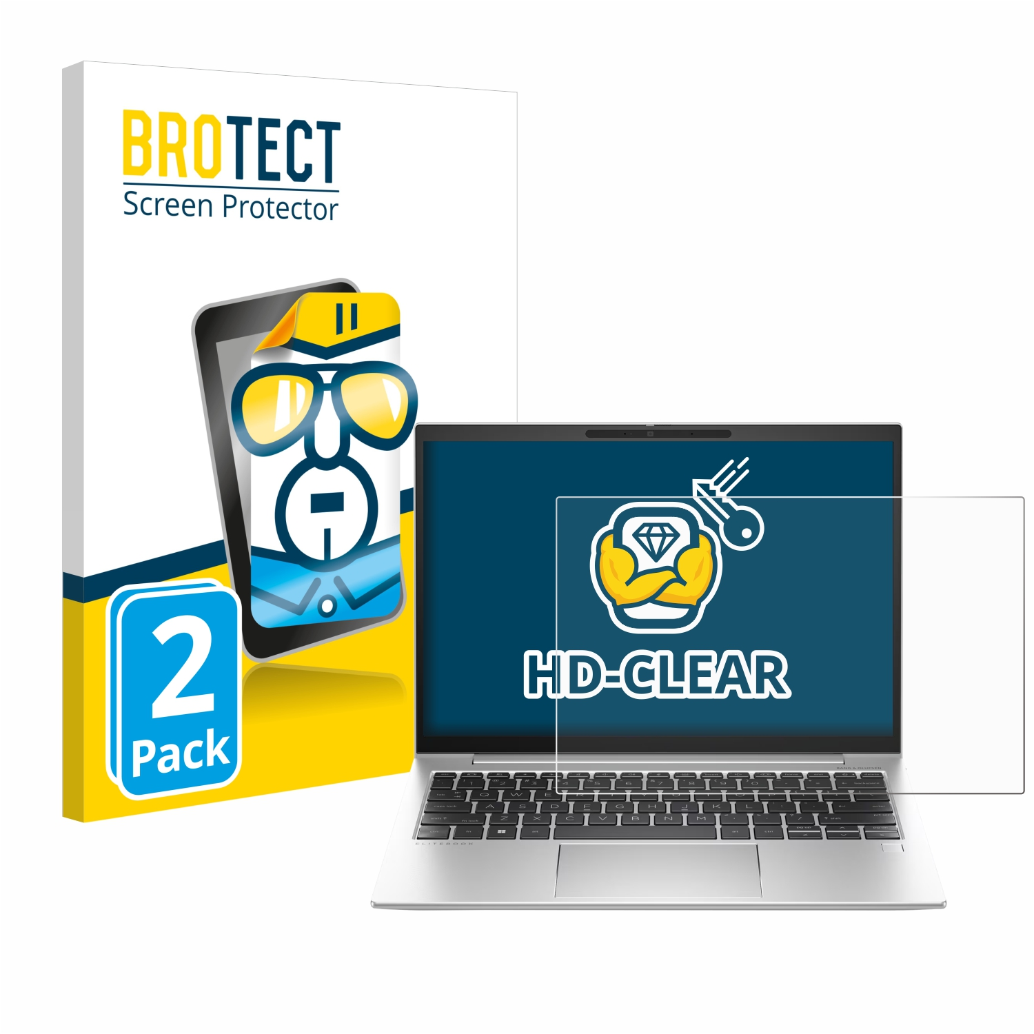 Ein Laptop mit Displayschutzfolie. Links eine Schachtel mit Displayschutzfolien.