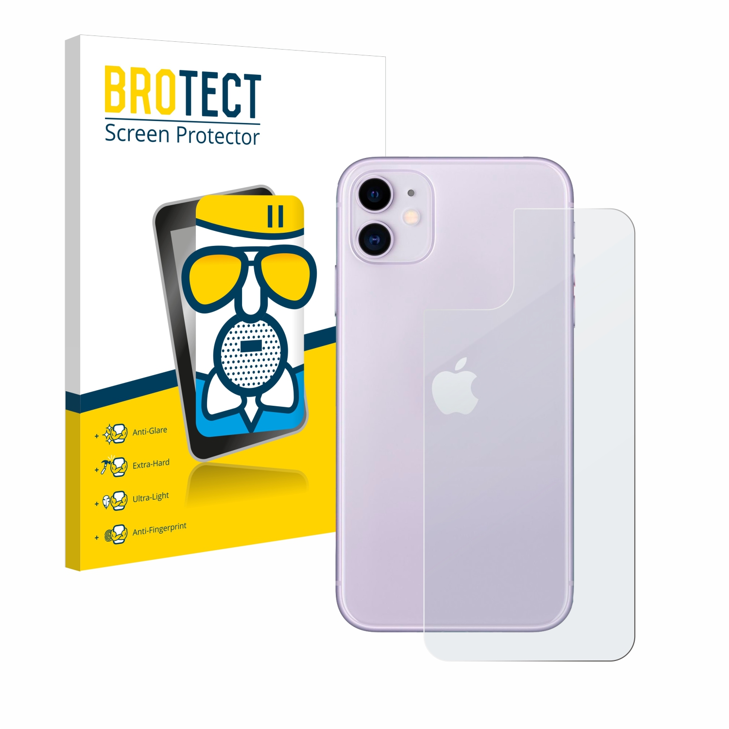 Lila iPhone mit Displayschutzfolie und Verpackung. Die Displayschutzfolie ist auf dem Telefon.