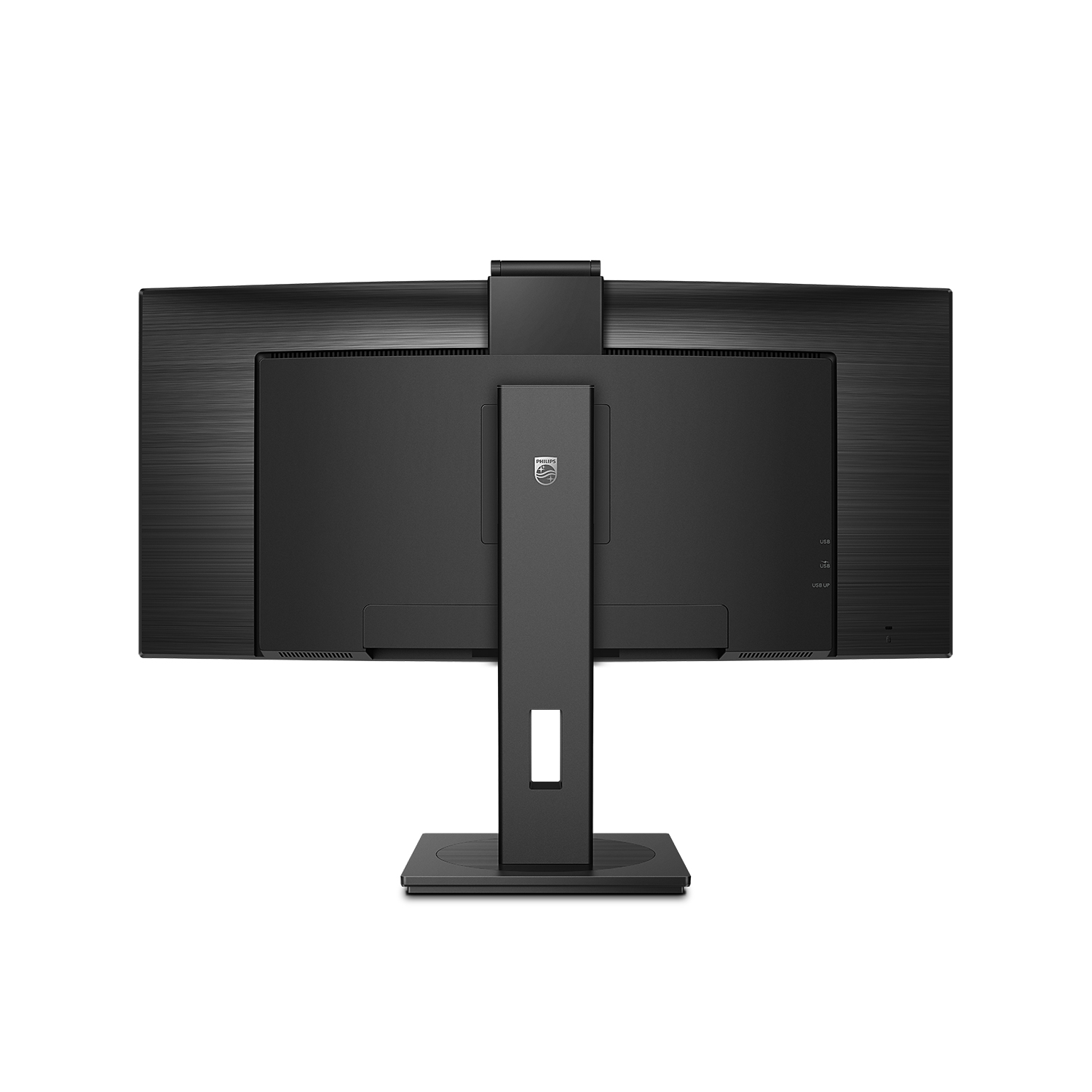 Widok z tyłu czarnego monitora komputera na stojaku.