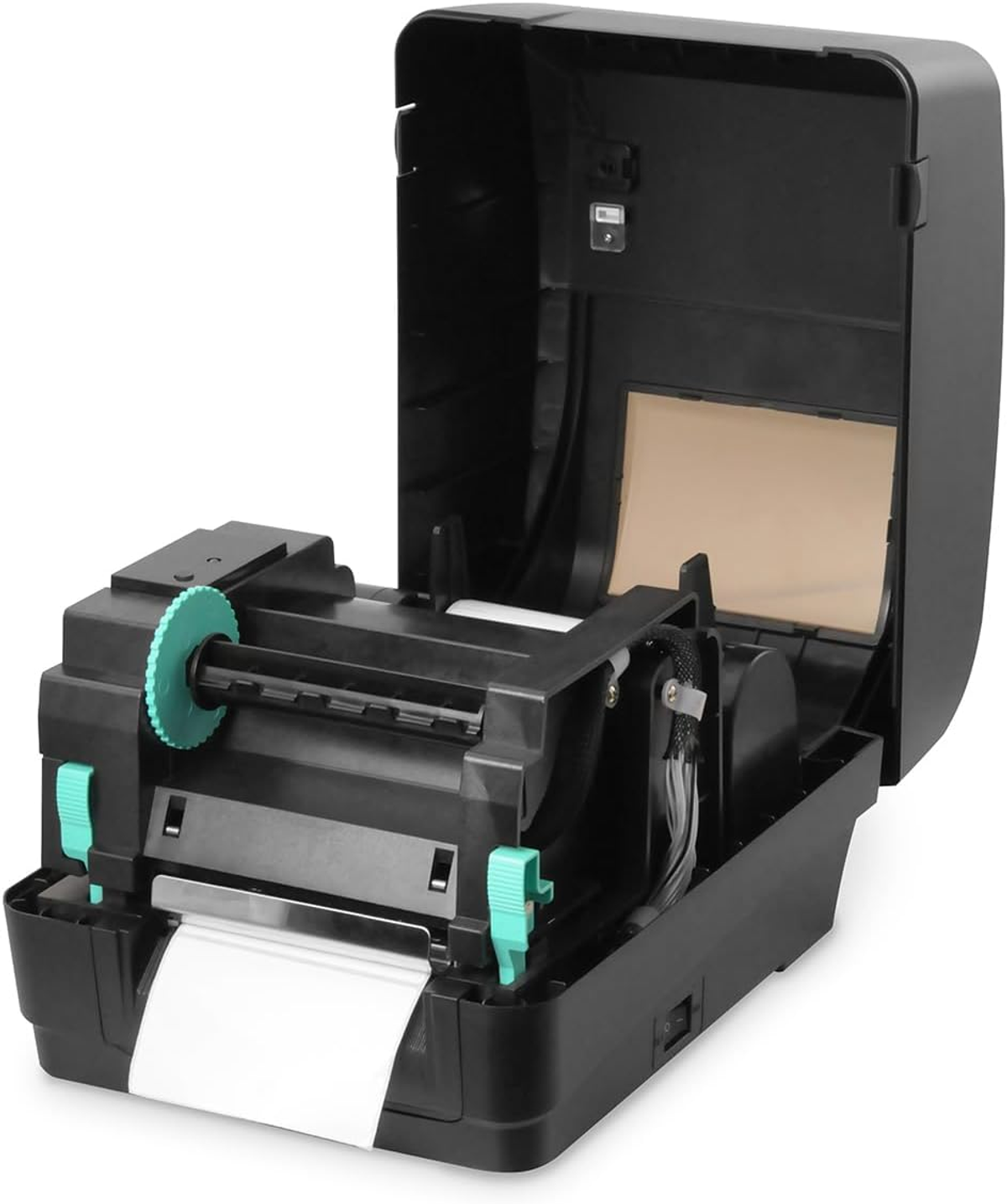 Czarna drukarka etykiet z otwartą górą, ujawniająca elementy wewnętrzne.