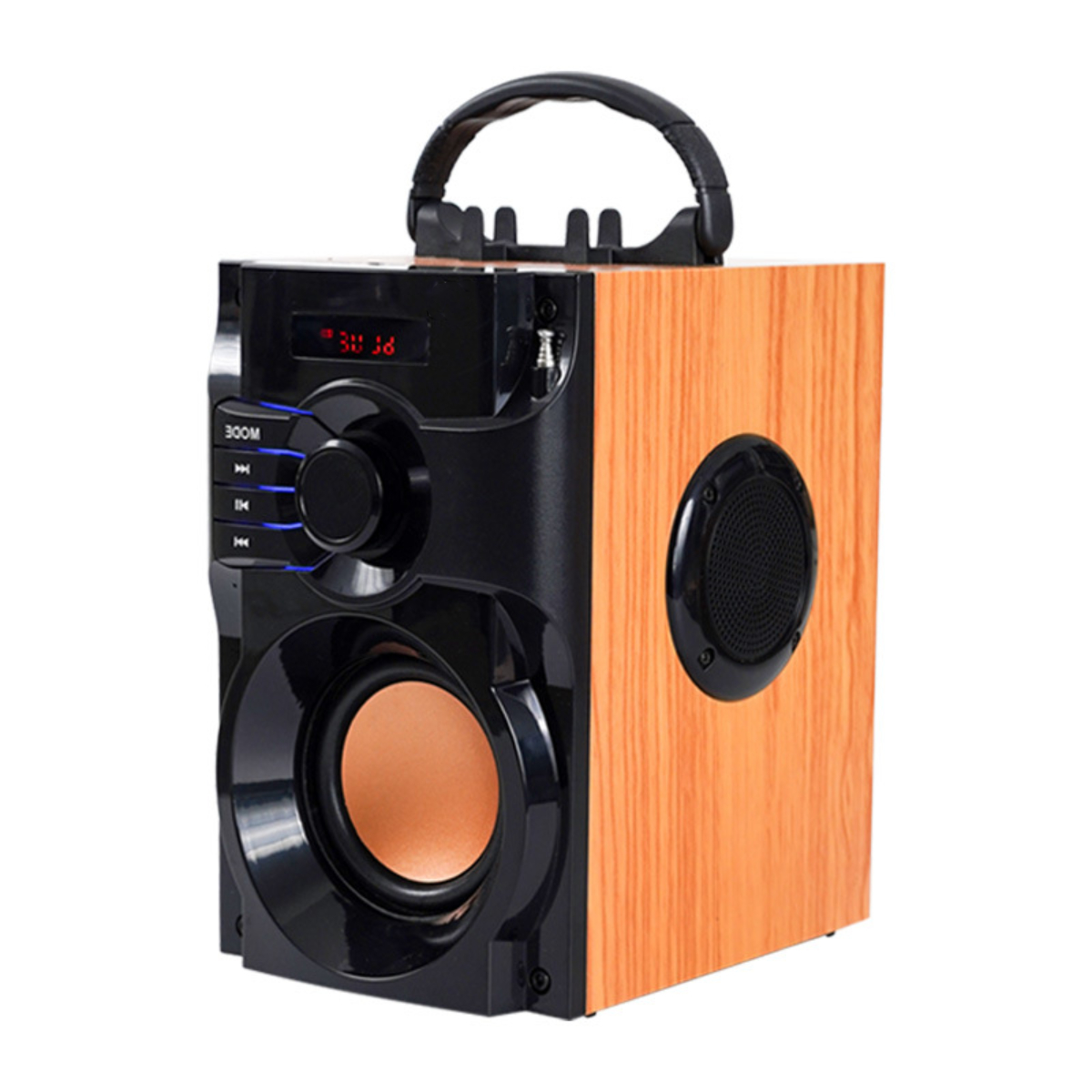 Holz- und schwarzer Lautsprecher mit orangefarbenem Lautsprecher. Enthält einen Griff, Knöpfe und ein Display.