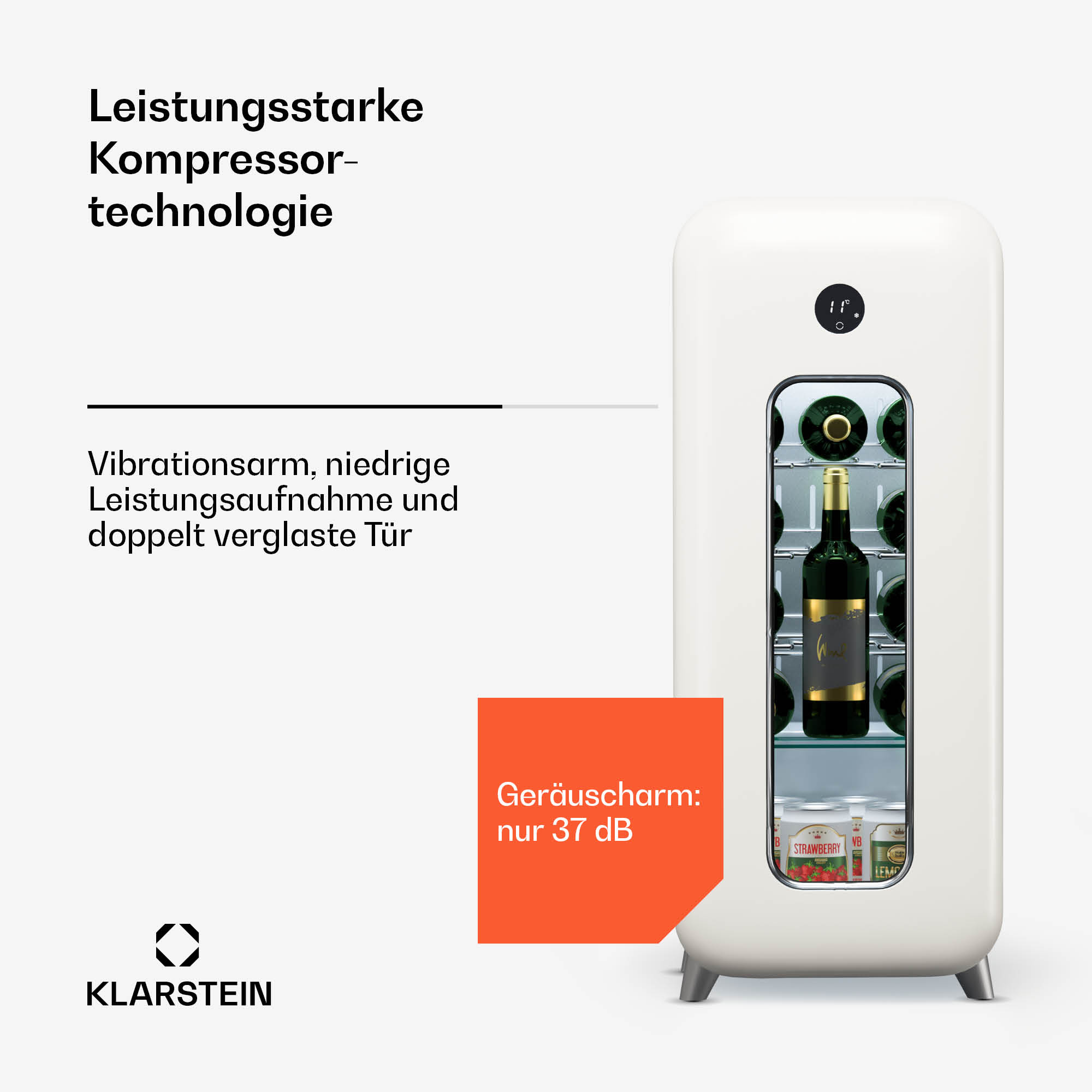 Weißer Mini-Kühlschrank mit Weinflasche. Text: Leistungsstarke Kompressor-Technologie.