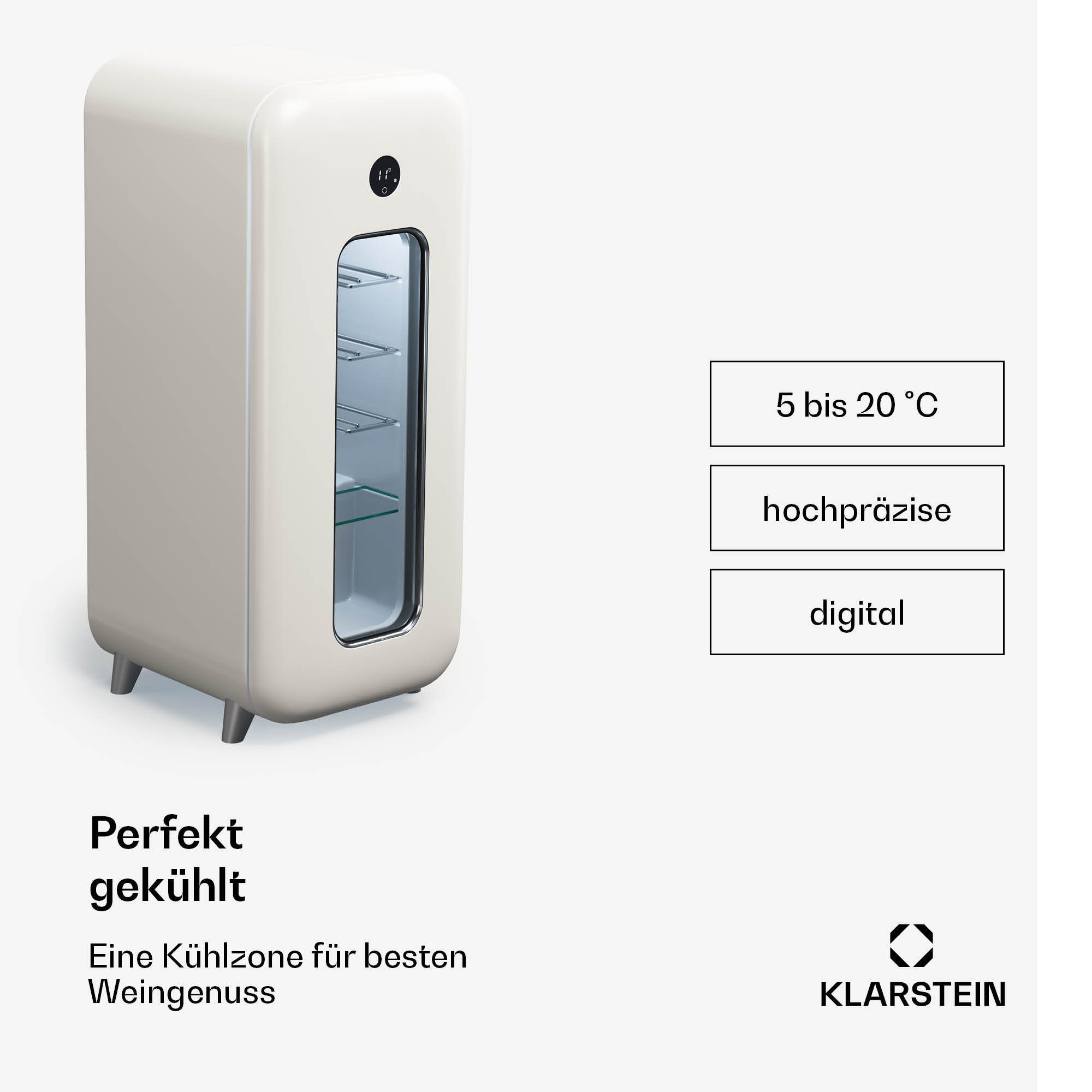 Ein weißer Mini-Kühlschrank mit Glasböden und Text, der Eigenschaften zeigt.