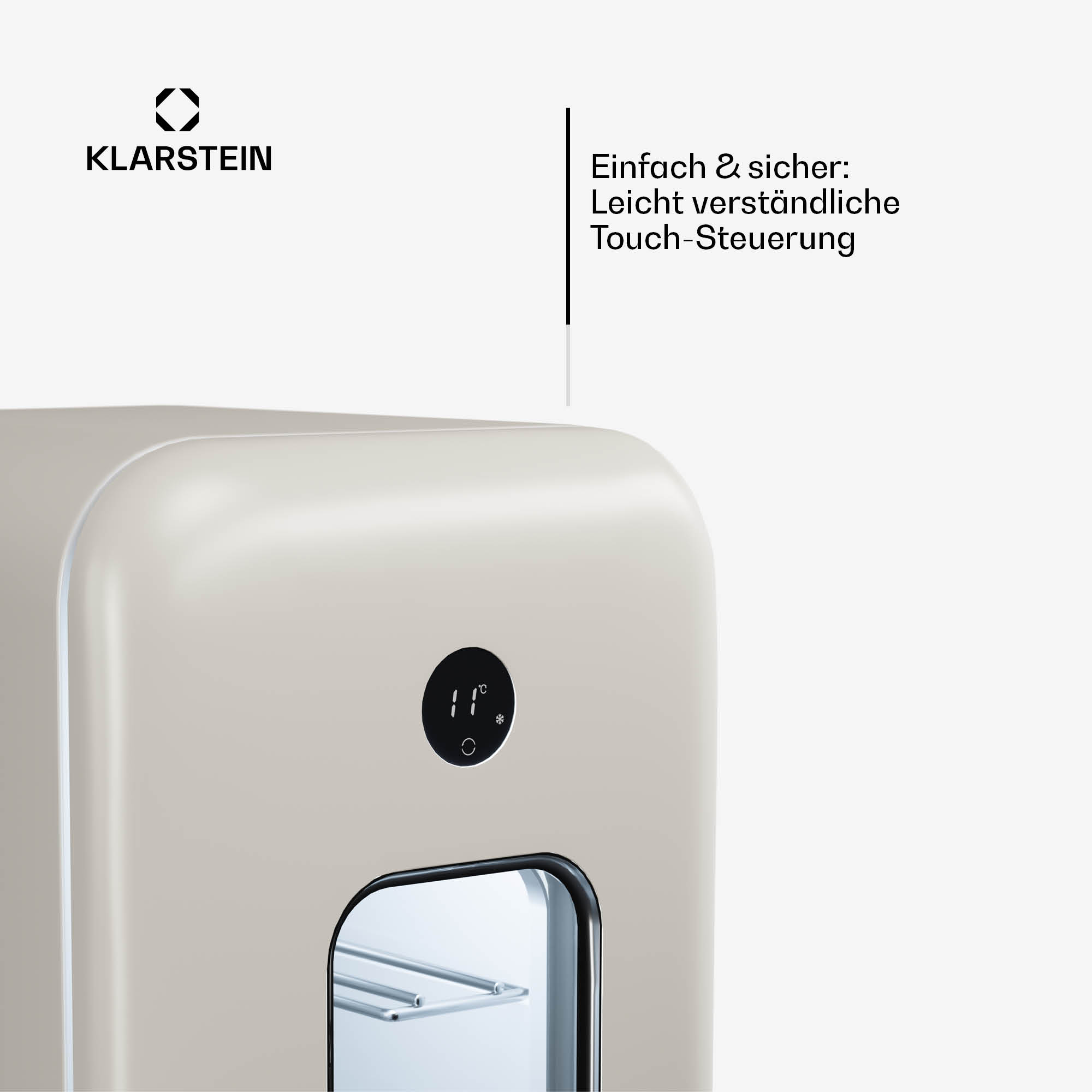 Minikühlschrank mit Digitalanzeige, die 11 Grad Celsius anzeigt.
