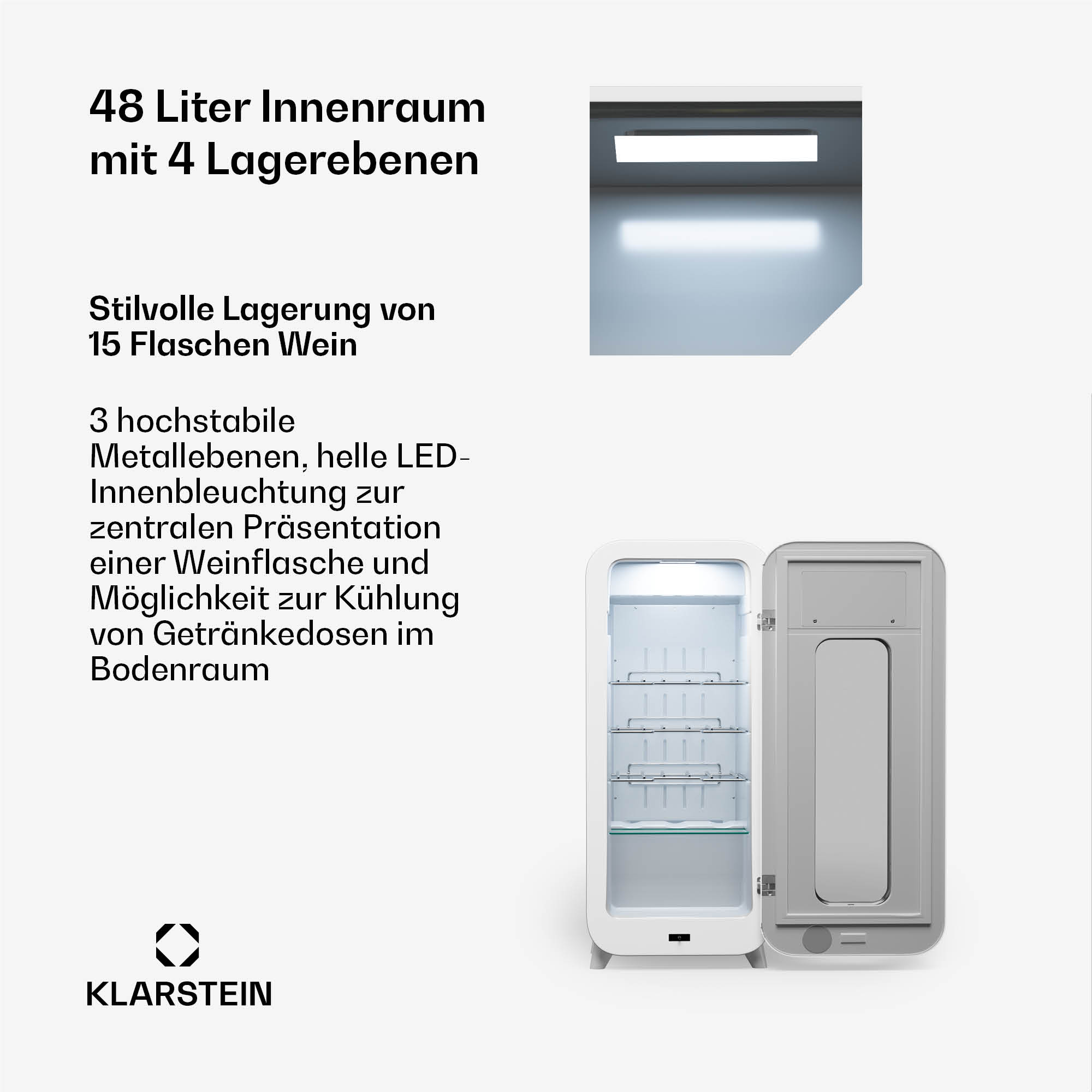 Mini frigo bianco aperto, che mostra ripiani e illuminazione interna.