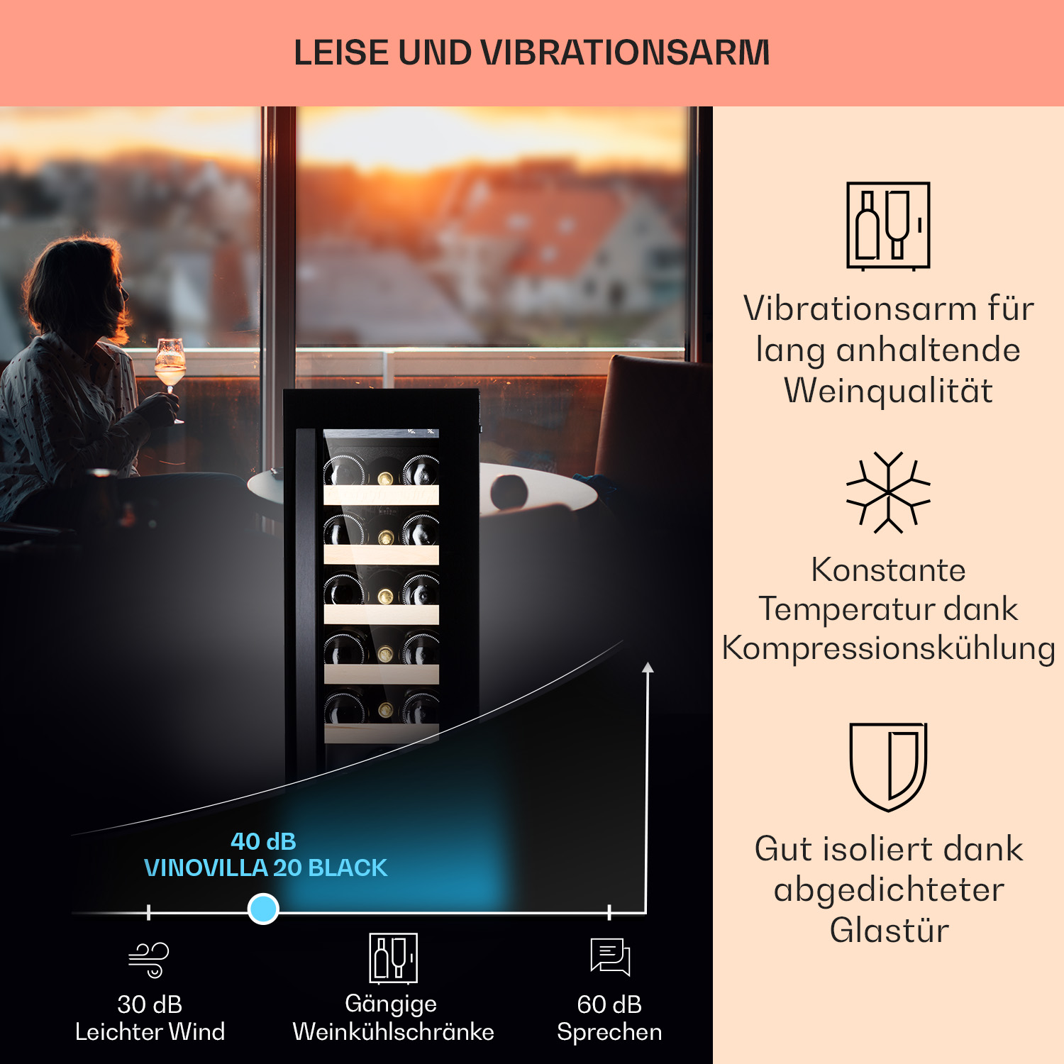 Built-In F, 20 Schwarz) KLARSTEIN Mini-Kühlschrank (EEK Vinovilla