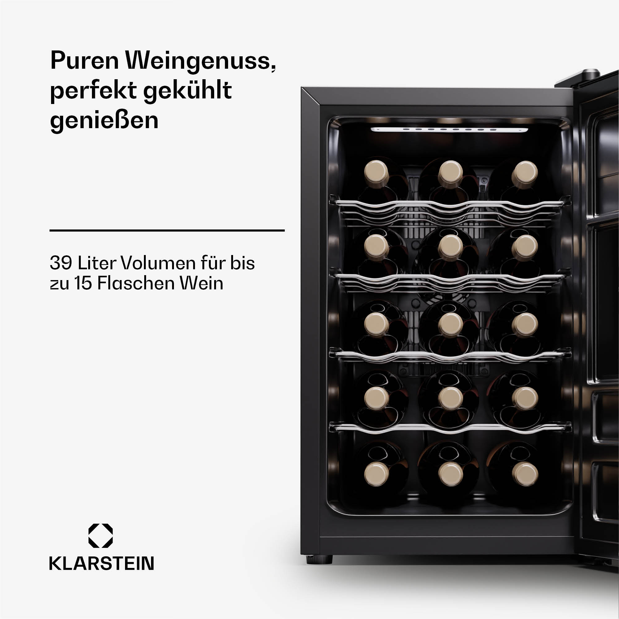 Un frigo per vino Klarstein con bottiglie all'interno, che mostra l'interno e il marchio.