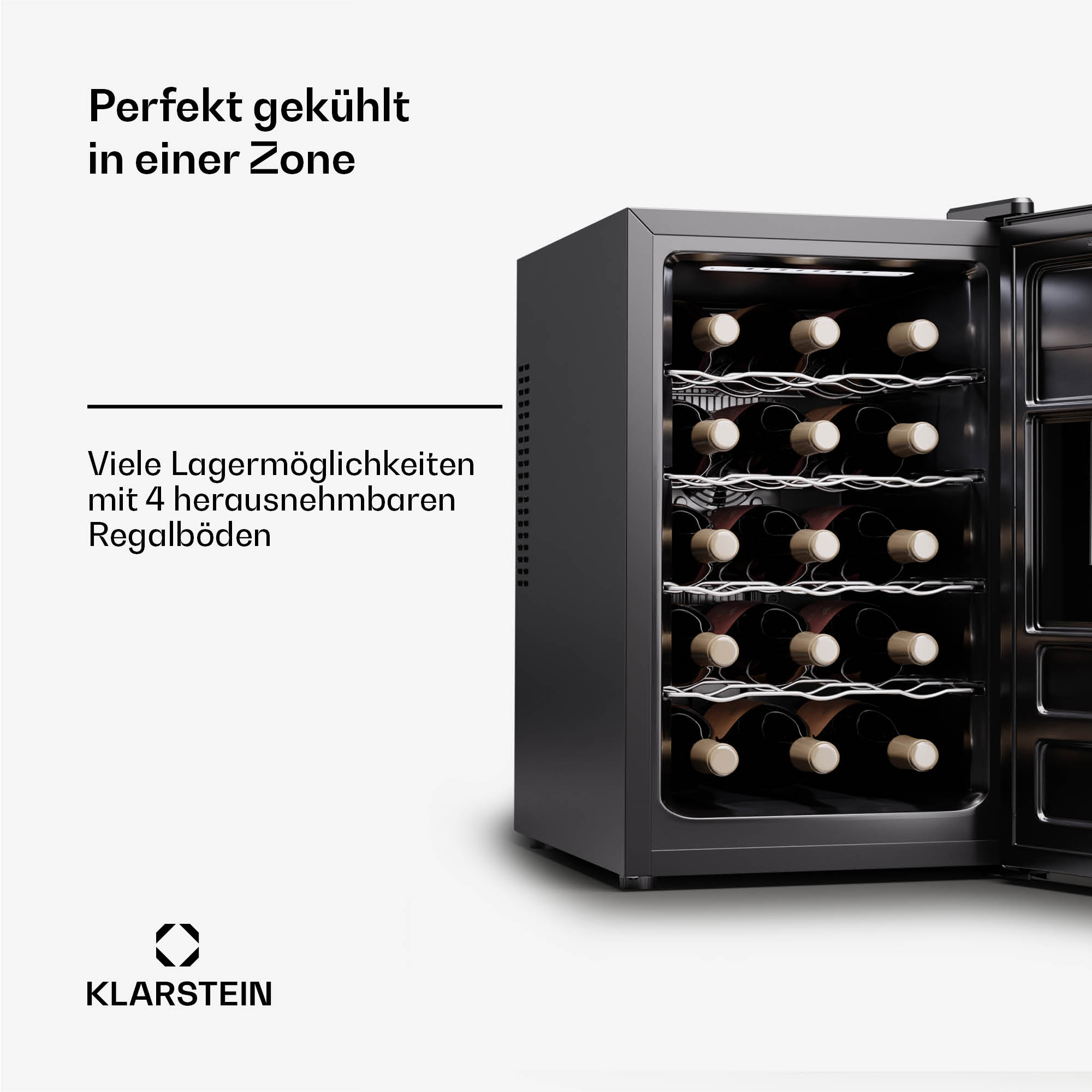 Cantinetta nera con porta aperta. Bottiglie di vino visibili all'interno. Sfondo bianco.