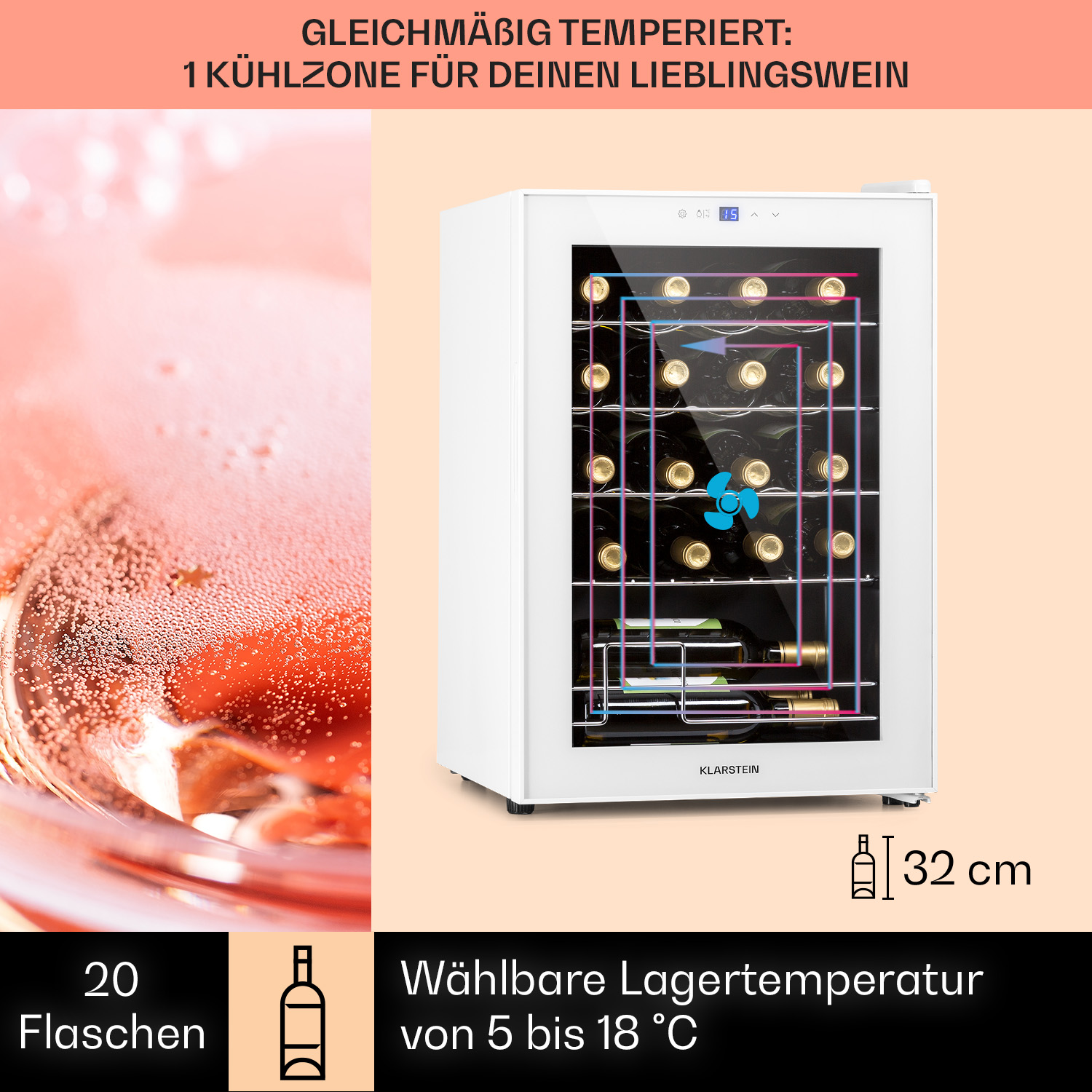 Frigorifero per vino bianco con bottiglie, porta in vetro e display temperatura. Sfondo bianco.
