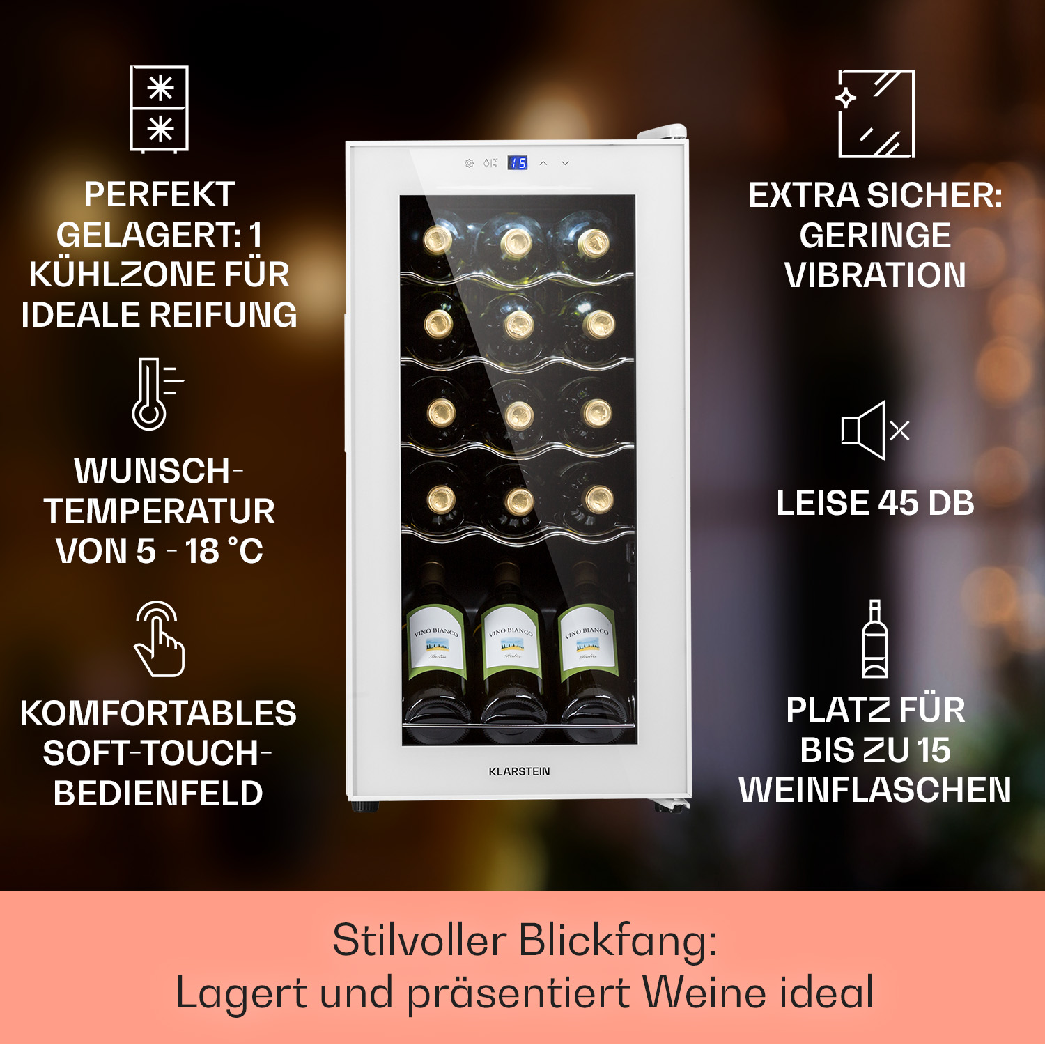 Ein weißer Weinkühler mit Weinflaschen. Text und Symbole um den Kühler herum.