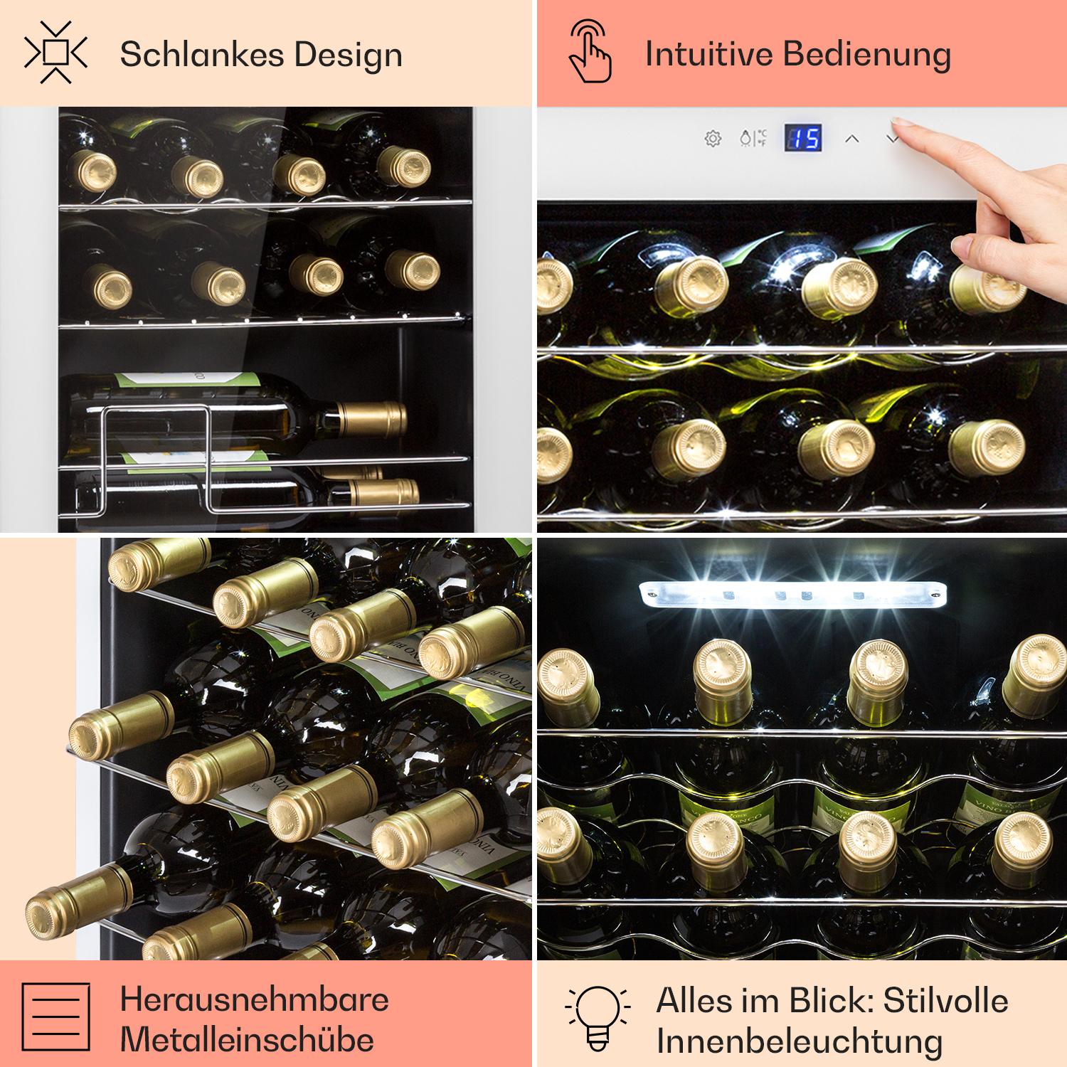 Interno della cantinetta con bottiglie, ripiani e illuminazione, con primi piani degli elementi di design.