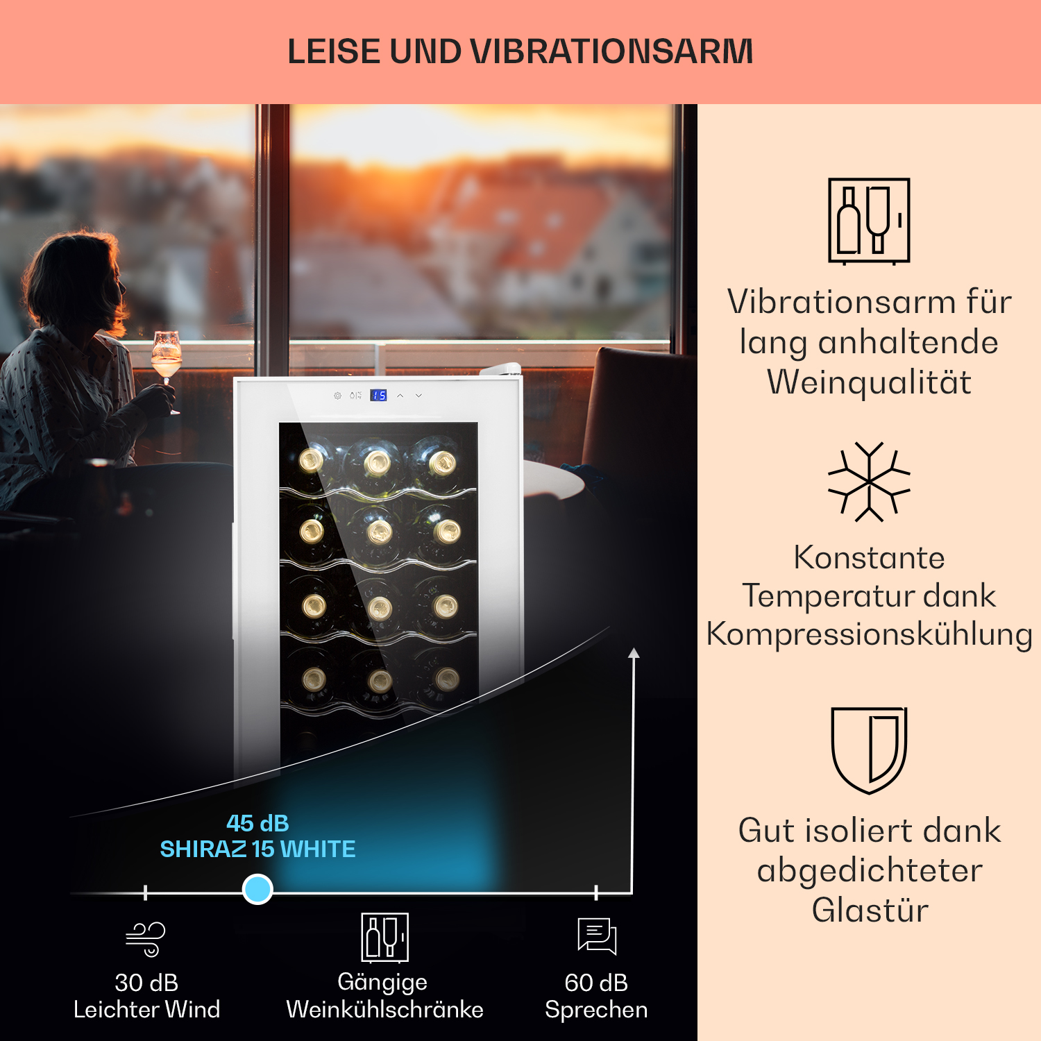 Weinkühler, Diagramme mit Funktionen und Spezifikationen. Hintergrund zeigt einen Raum.