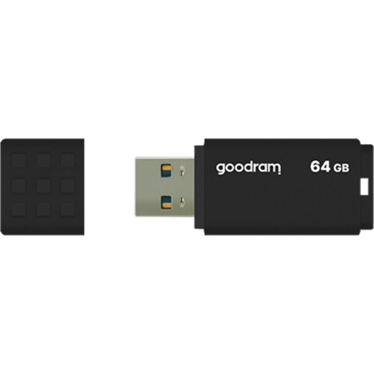 Czarny pendrive Goodram USB z czarną nasadką. Na napędzie napisane jest 64 GB.
