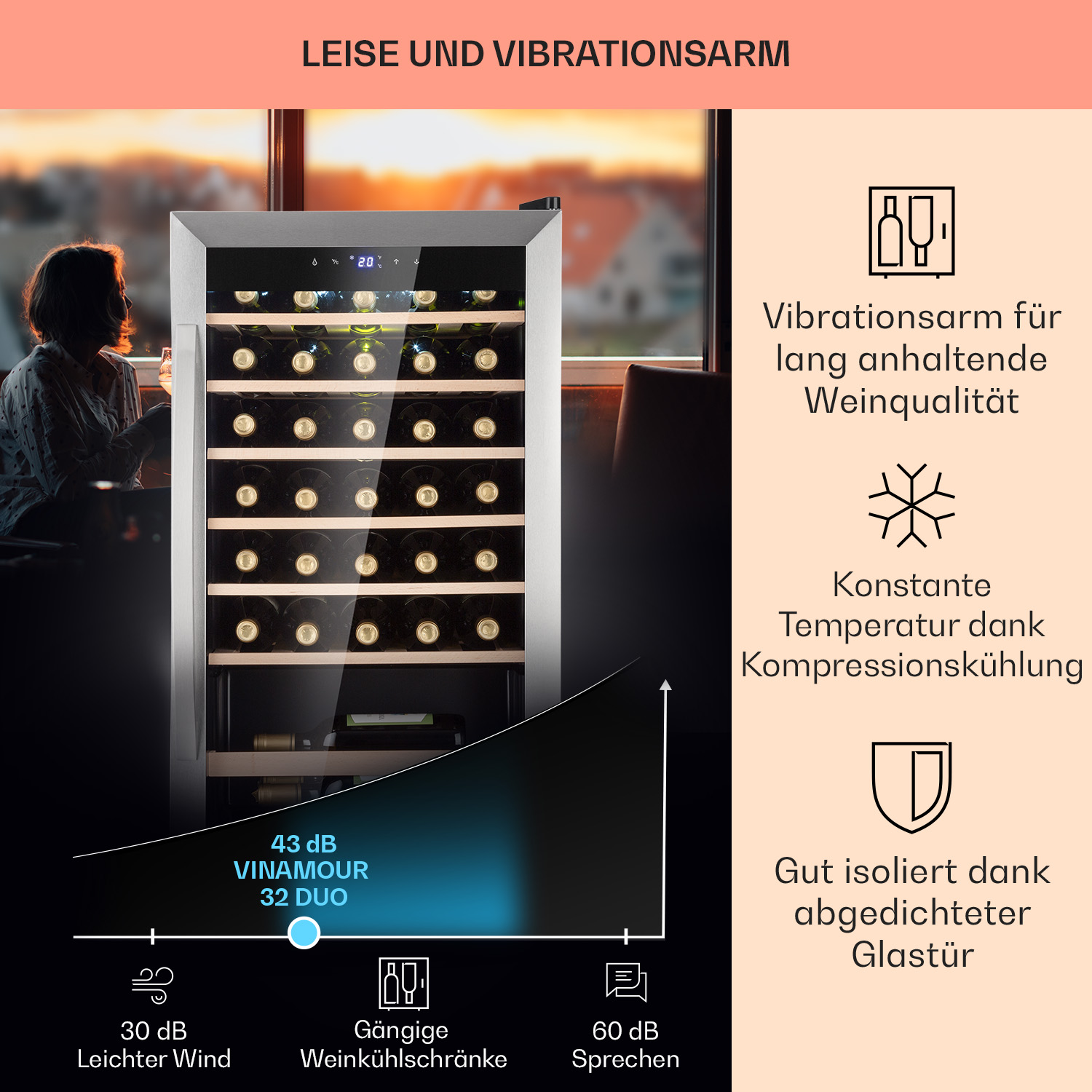 KLARSTEIN Vinamour 32 Uno Edelstahl) Weinkühlschrank (EEK G