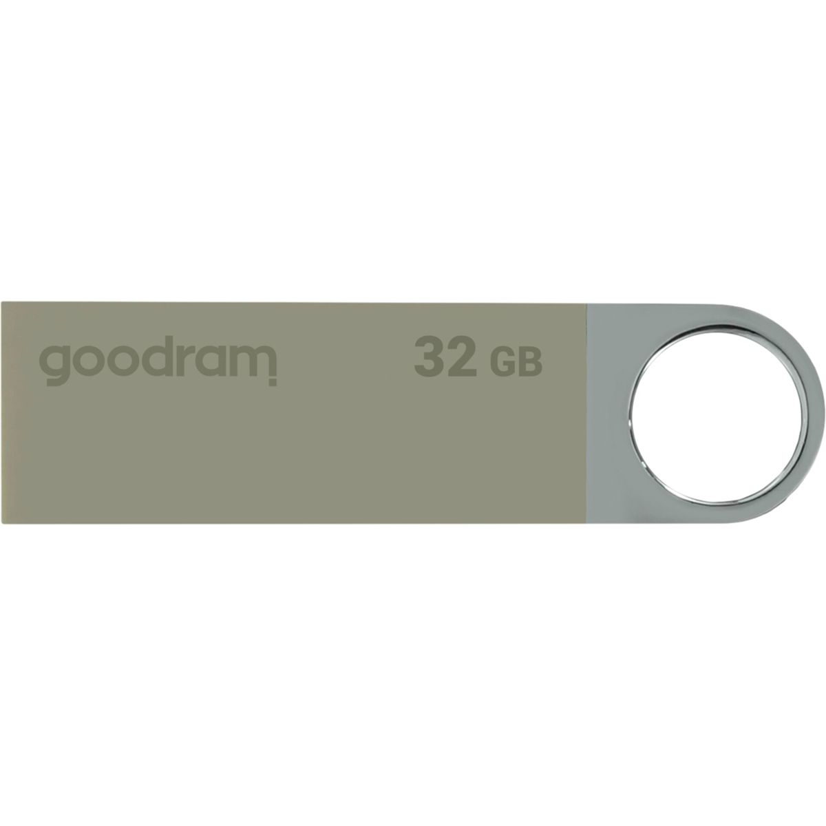 Srebrny pendrive USB Goodram 32 GB, pokazujący logo i pojemność.