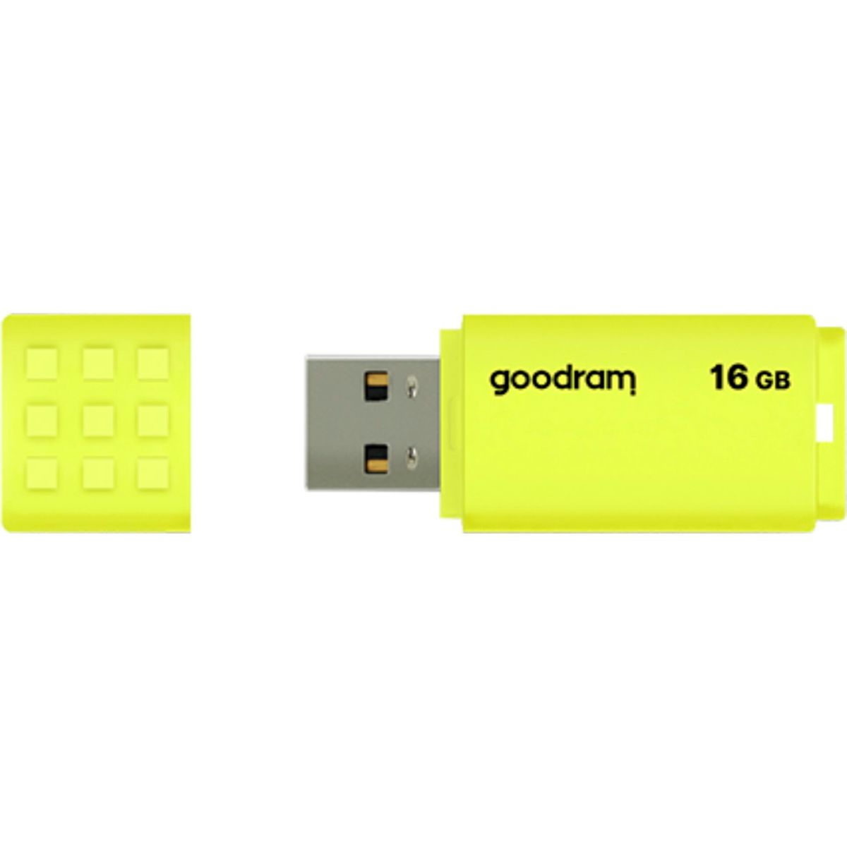 Żółty pendrive z napisem "goodram 16 GB" jest pokazany obok żółtej nasadki.