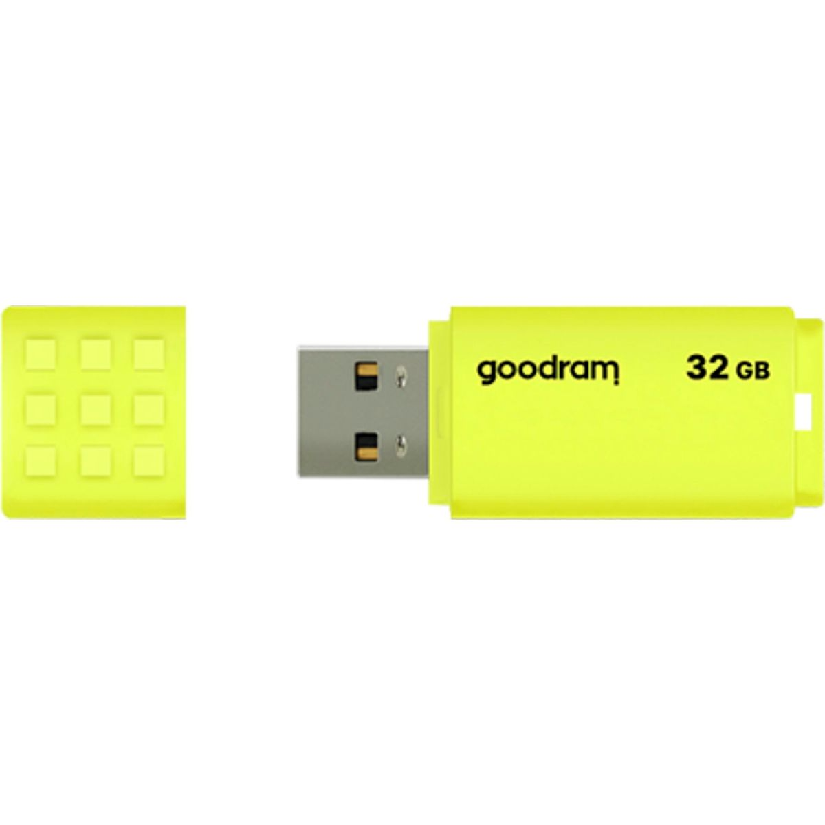 Żółty pendrive USB z tekstem Goodram 32 GB na białym tle.