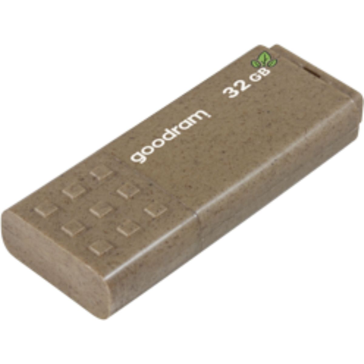 Brązowy prostokątny pendrive USB z teksturowaną powierzchnią i tekstem "goodram 32 GB".