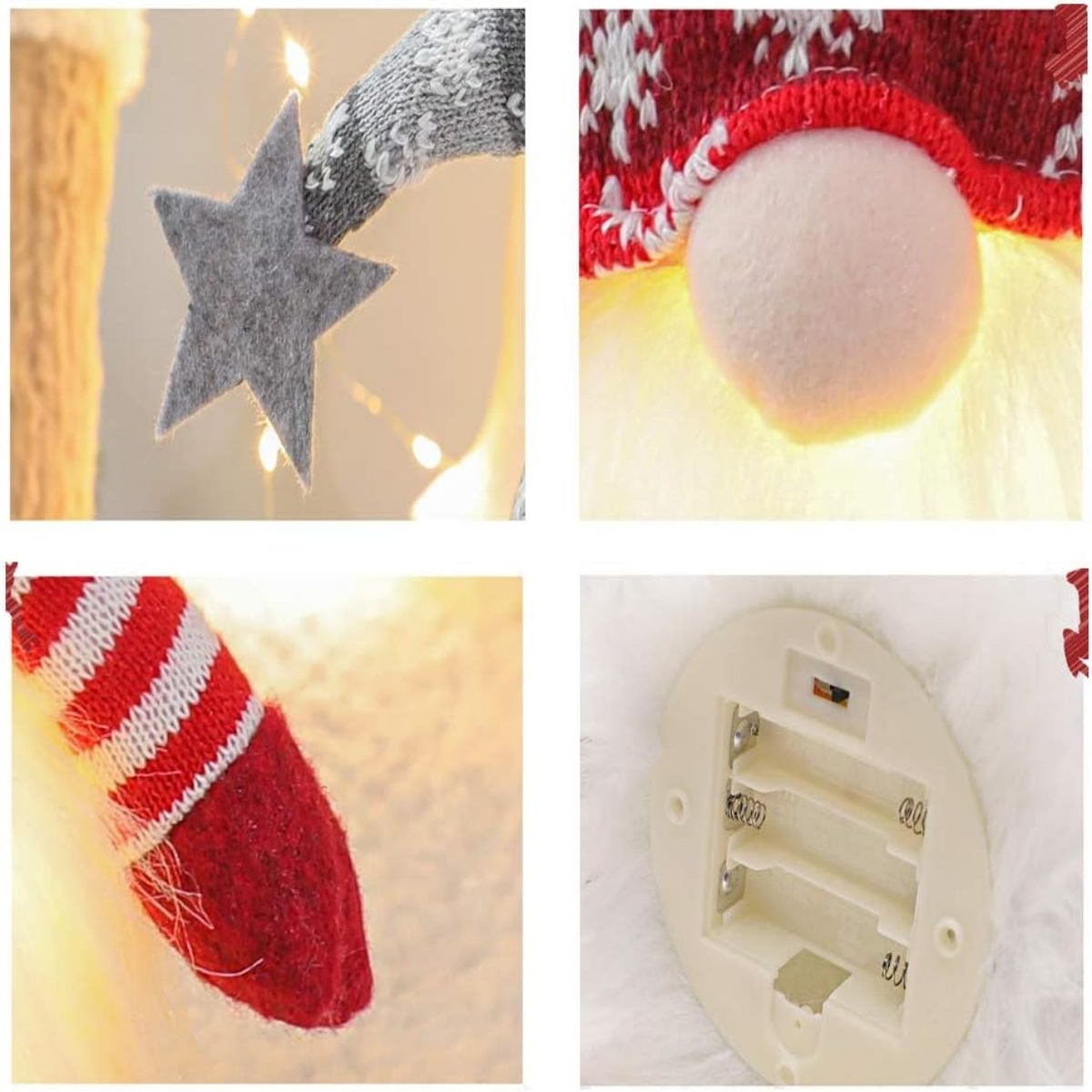 Nahaufnahme von Weihnachts-Wichtel-Figur-Details: Stern, Gesicht, Hut und Batteriefach.