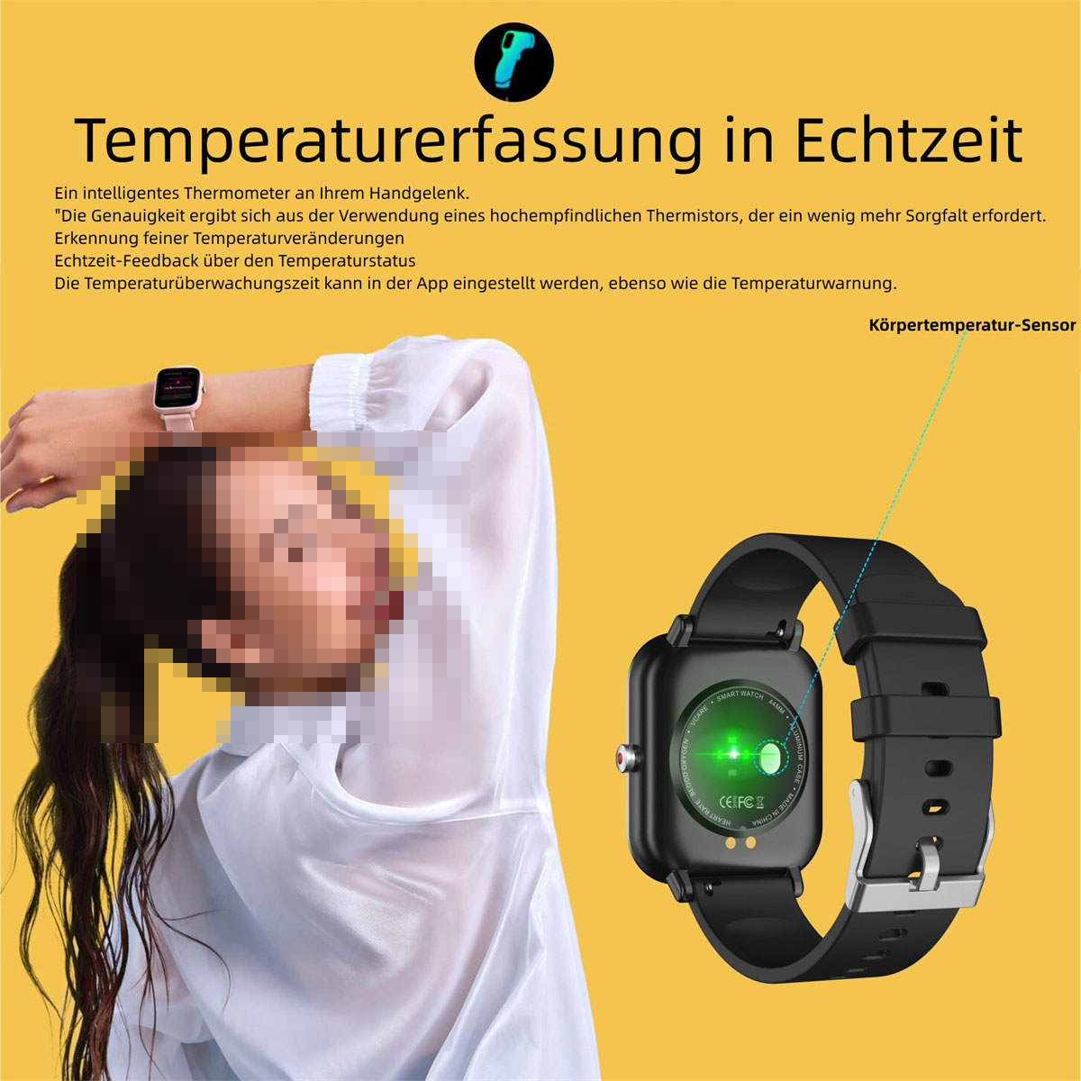 Eine Frau mit einer Smartwatch am Handgelenk. Die Uhr ist schwarz mit schwarzem Armband. Gelber Hintergrund.