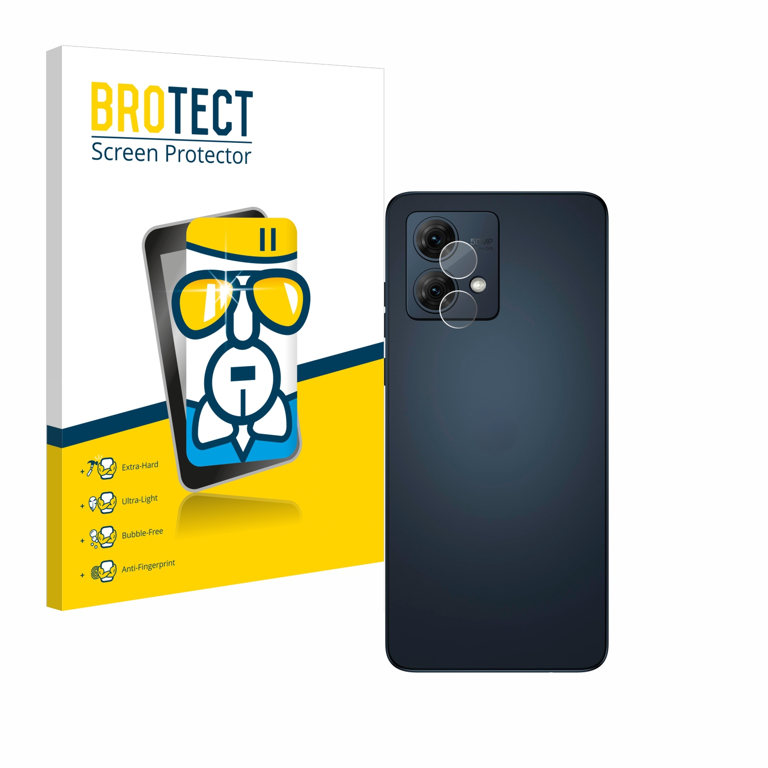 Ein Displayschutz und ein Telefon mit Kamera werden mit Verpackung gezeigt. Der Schutz ist auf dem Telefon angebracht.