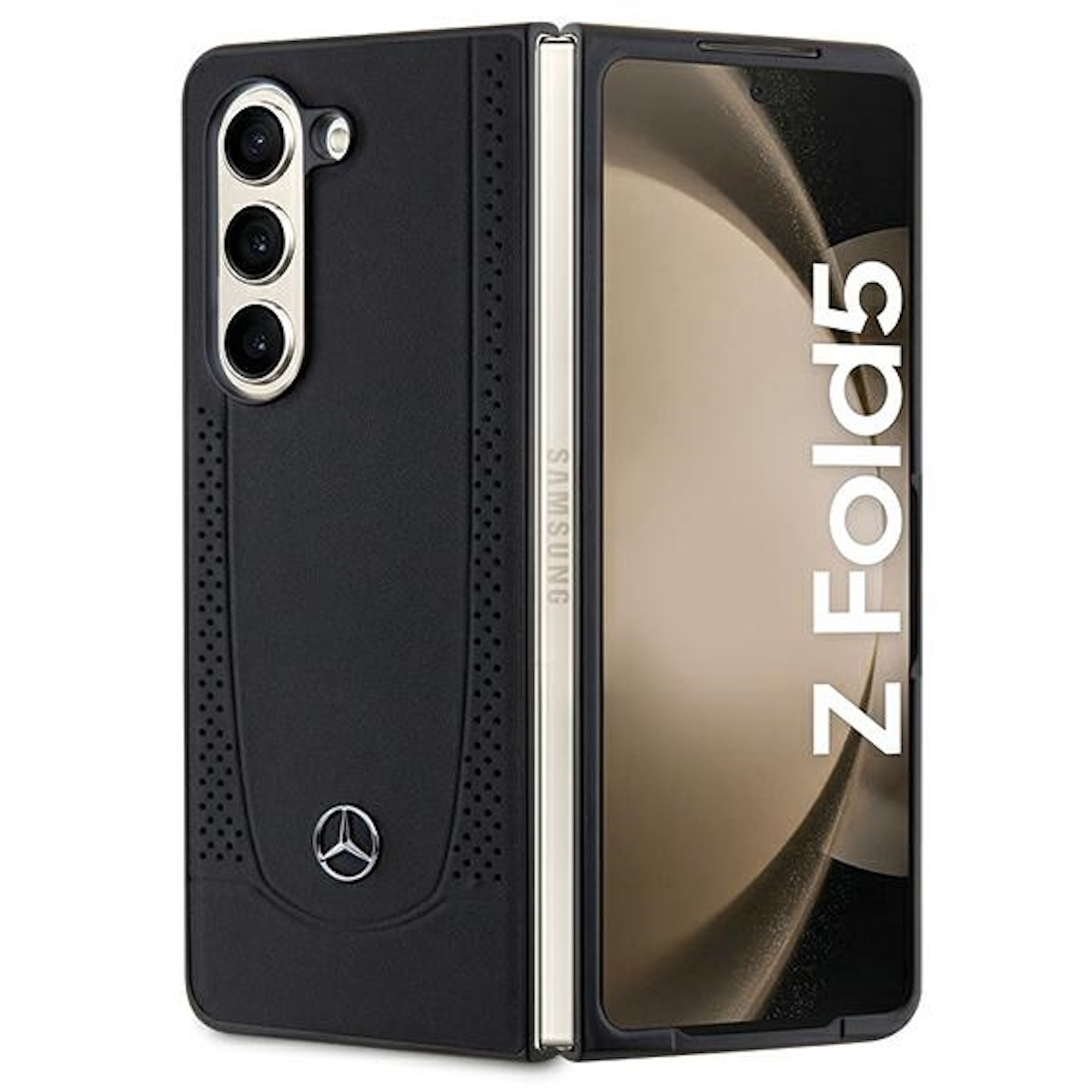 Faltbares Telefon in einer schwarzen Hülle, offen. Die Hülle hat ein Mercedes-Logo.