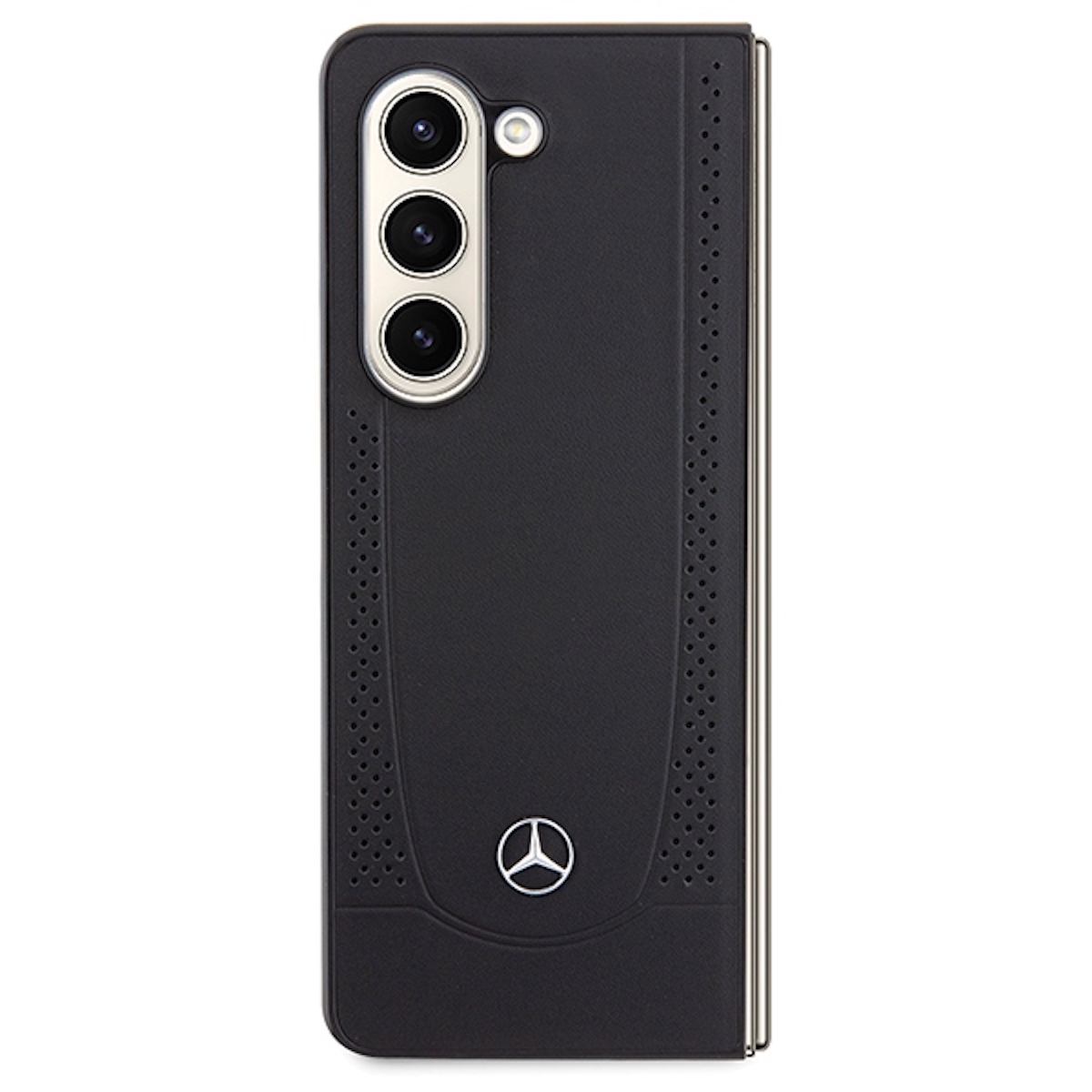Schwarze Handyhülle mit Dreifachkamera und Mercedes-Logo. Perforiertes Design.