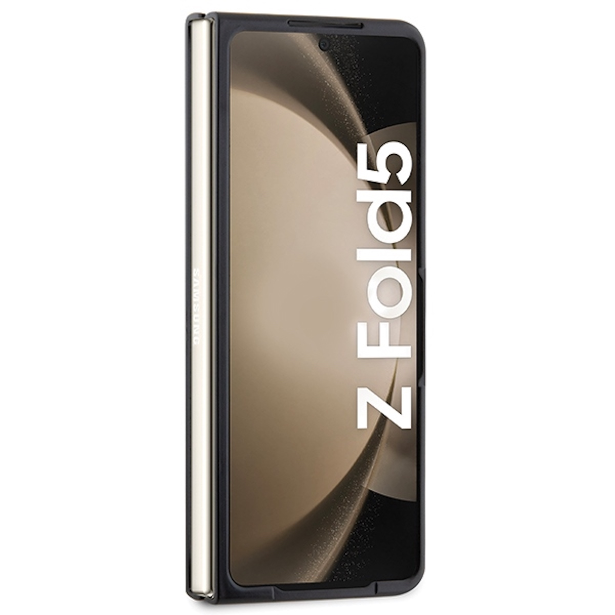 Geschlossenes schwarzes Samsung Z Fold5, zeigt einen Teil des Bildschirms.