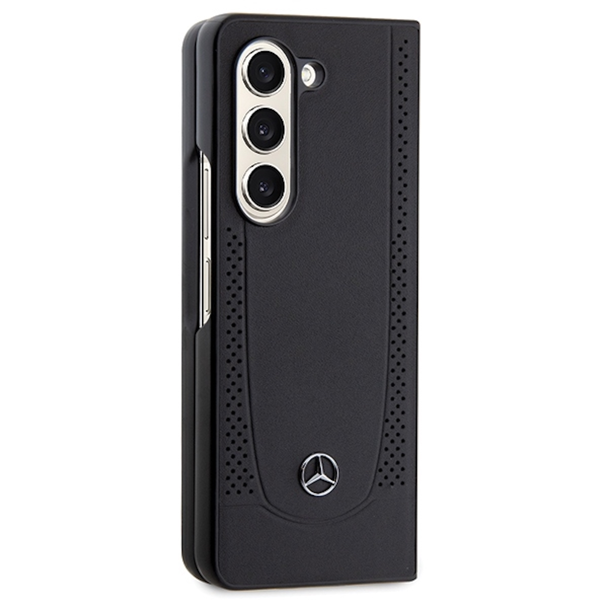 Eine schwarze Handyhülle mit dem Mercedes-Logo und einer Dreifachkamera.