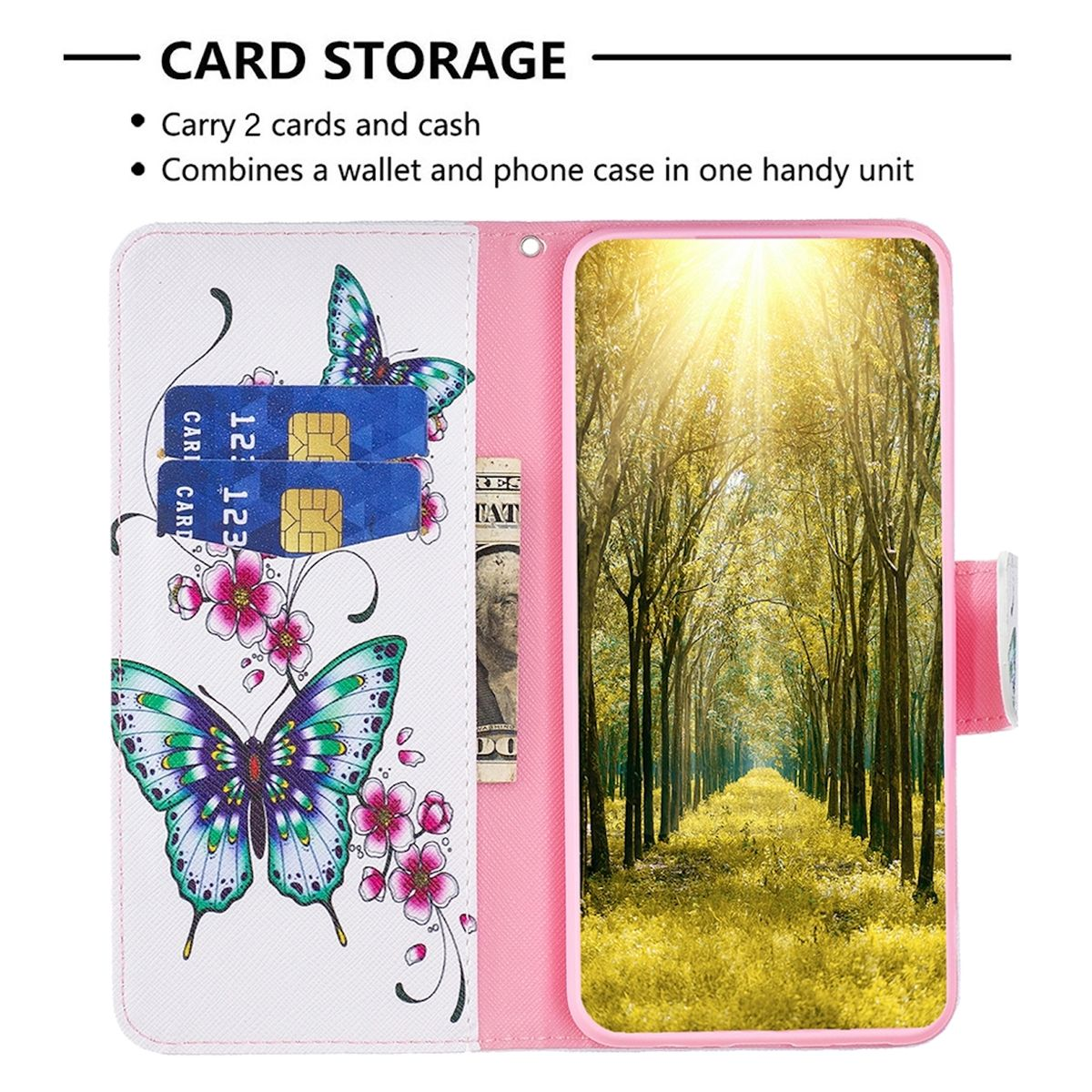 A15, Tasche Galaxy mit & Wallet Muster WIGENTO Pink Motiv Book Geld Samsung, Kreditkarten Druck / Fach, Bookcover,