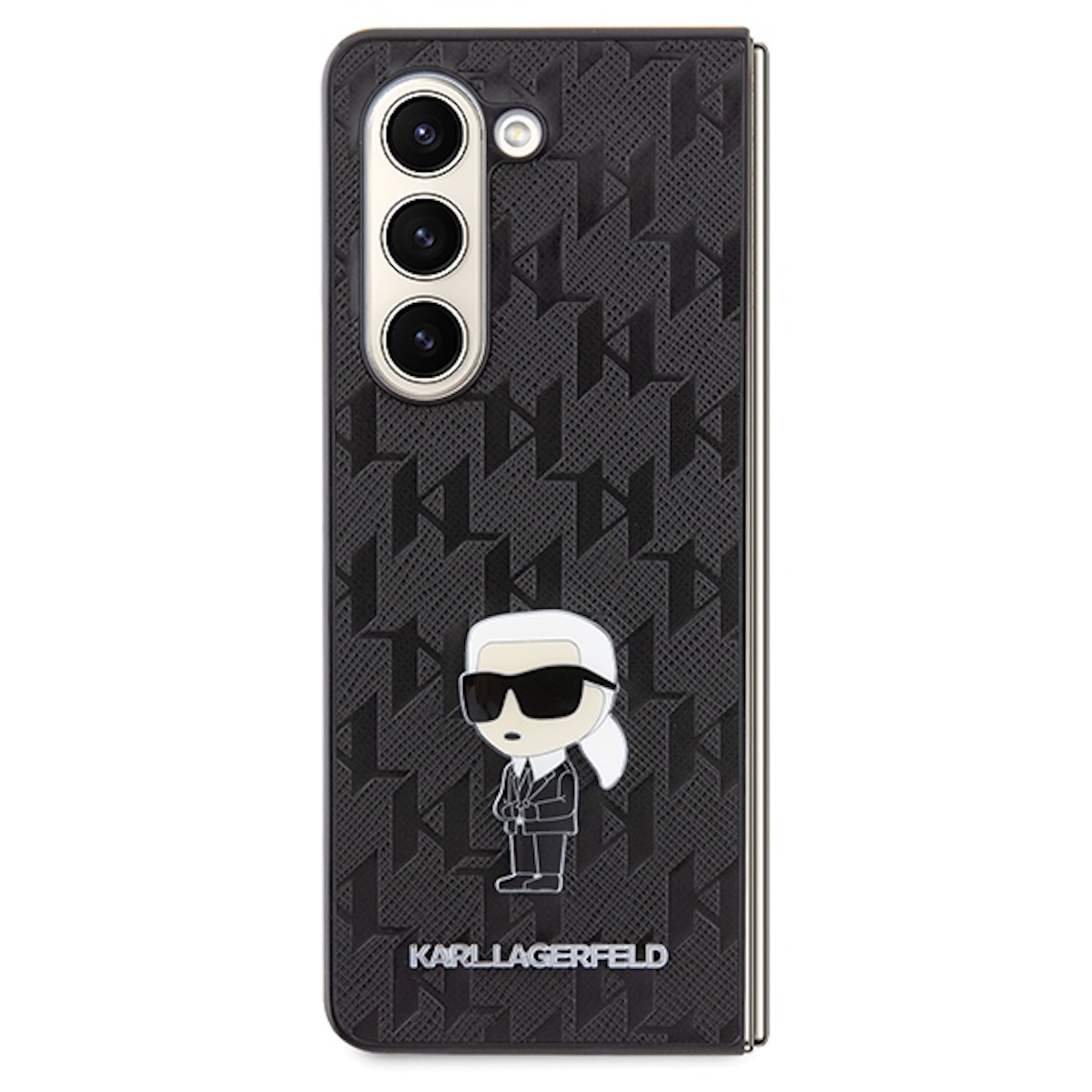 Custodia per telefono nera con un design Karl Lagerfeld, con una figura a cartoni animati.
