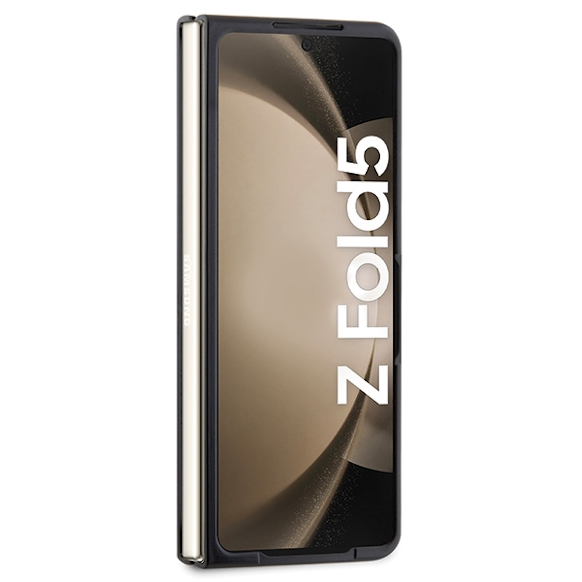 Telefono Samsung Z Fold5 nero piegato, che mostra il lato con il logo Samsung, sfondo bianco.