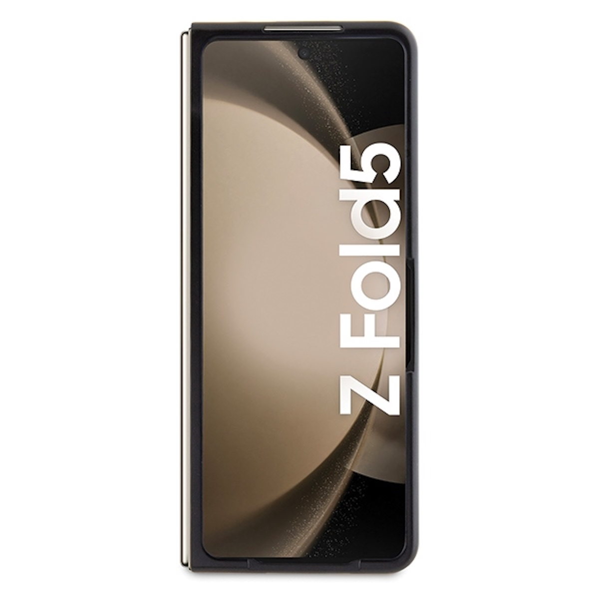 Telefono pieghevole con uno schermo che mostra del testo. Il telefono è in una custodia nera con la scritta 'Z Fold5'.