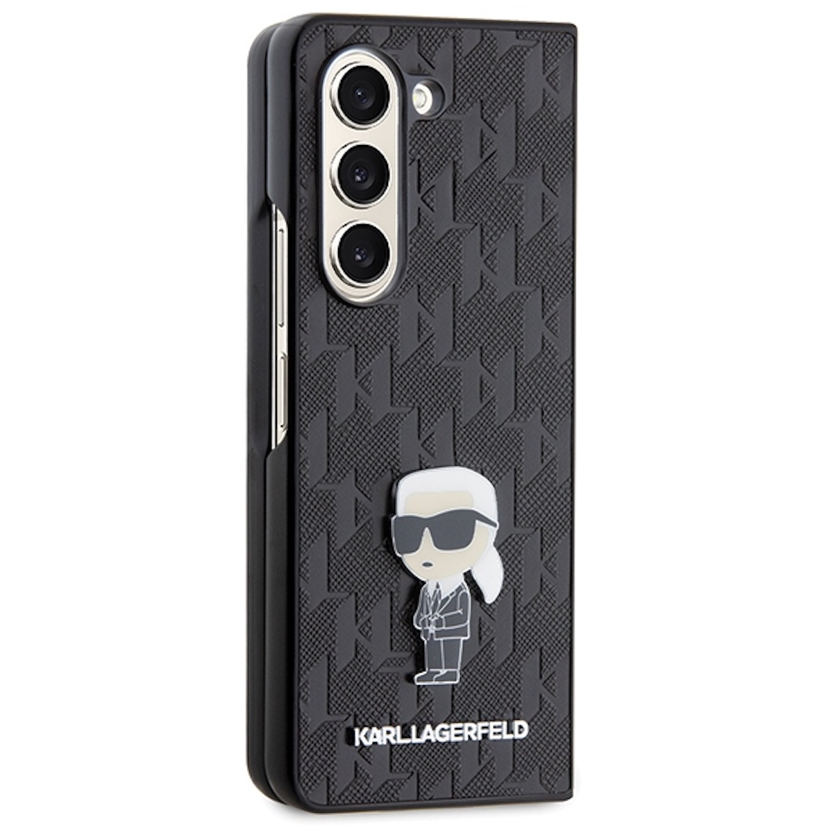 Custodia per telefono nera con design Karl Lagerfeld, personaggio dei cartoni animati e monogramma.