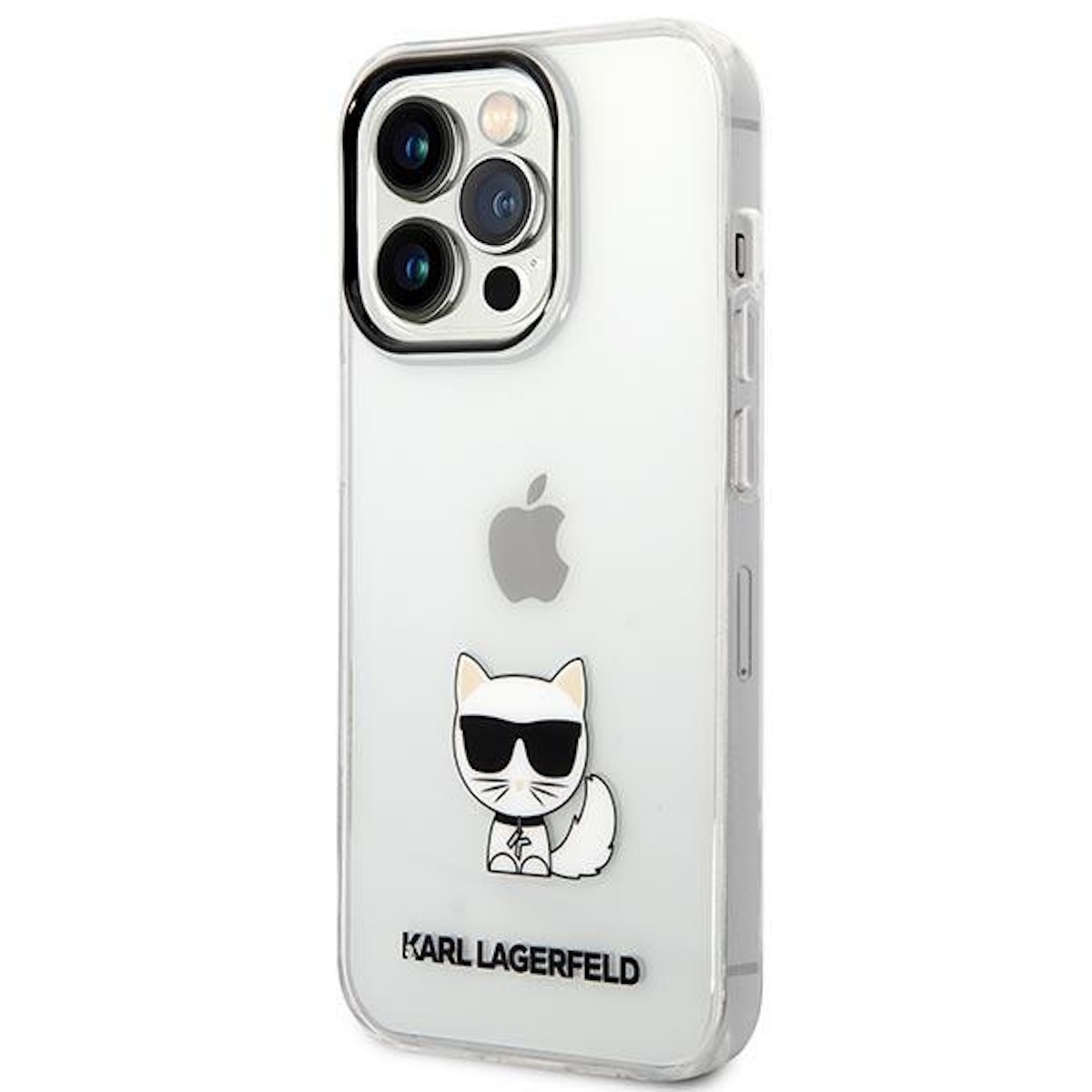 Eine Handyhülle mit weißem Hintergrund und einem Katzenlogo. Der Markenname 'KARL LAGERFELD' ist ebenfalls sichtbar.