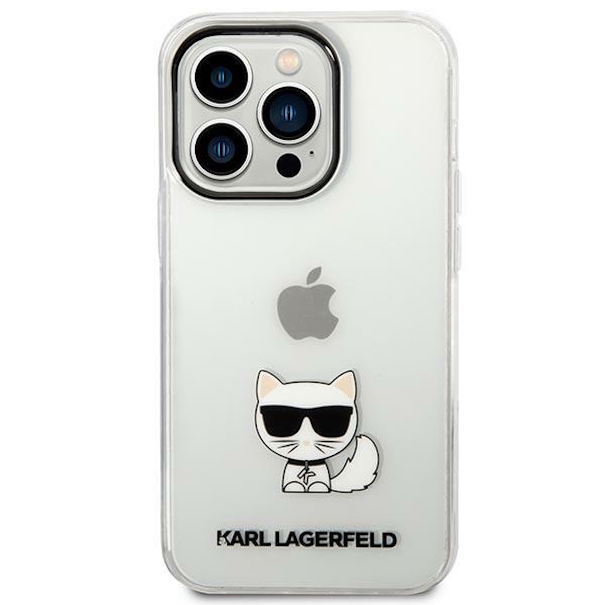 Eine Handyhülle mit einer Katze mit Sonnenbrille und dem Markennamen 'KARL LAGERFELD' auf weißem Hintergrund.