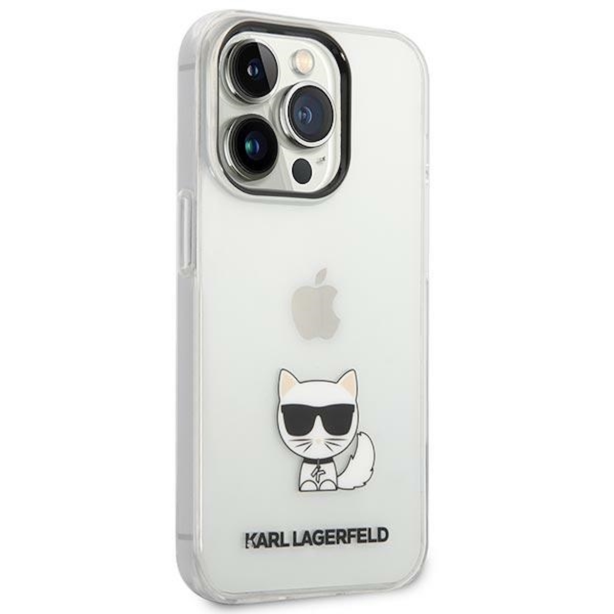 Eine Handyhülle mit weißem Hintergrund, einem Katzendesign und dem Markennamen 'KARL LAGERFELD'.