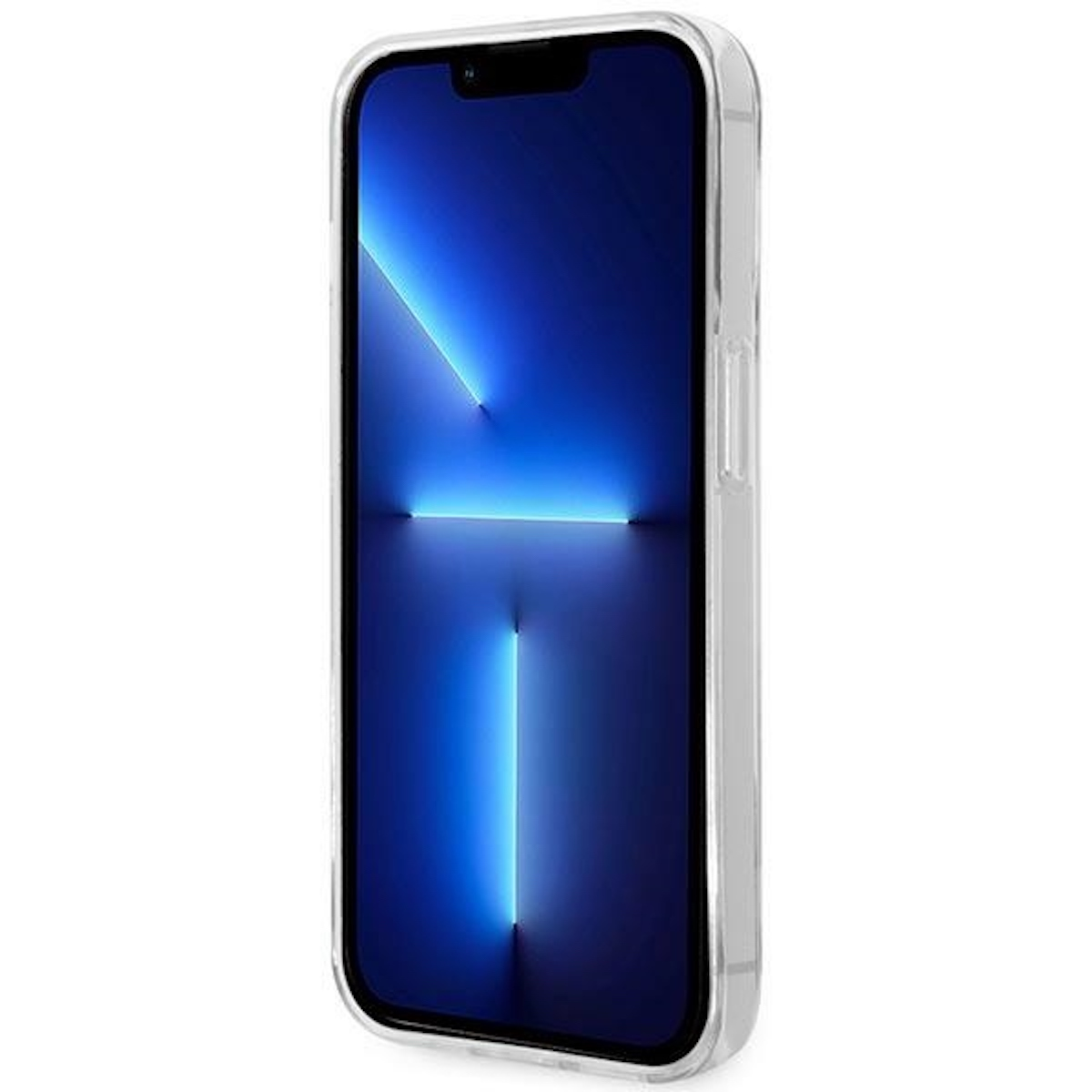iPhone mit blauem Bildschirm in einer transparenten Hülle. Das Telefon steht aufrecht.