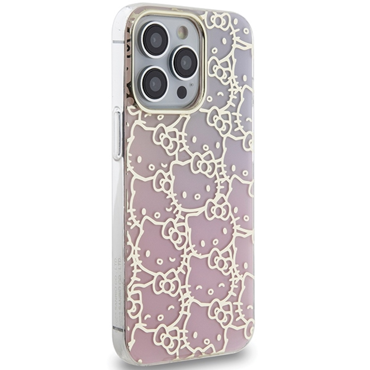Hello Kitty Handyhülle, klar mit rosa Farbverlauf. Mehrere Hello Kitty Gesichter sind auf der Hülle geprägt.