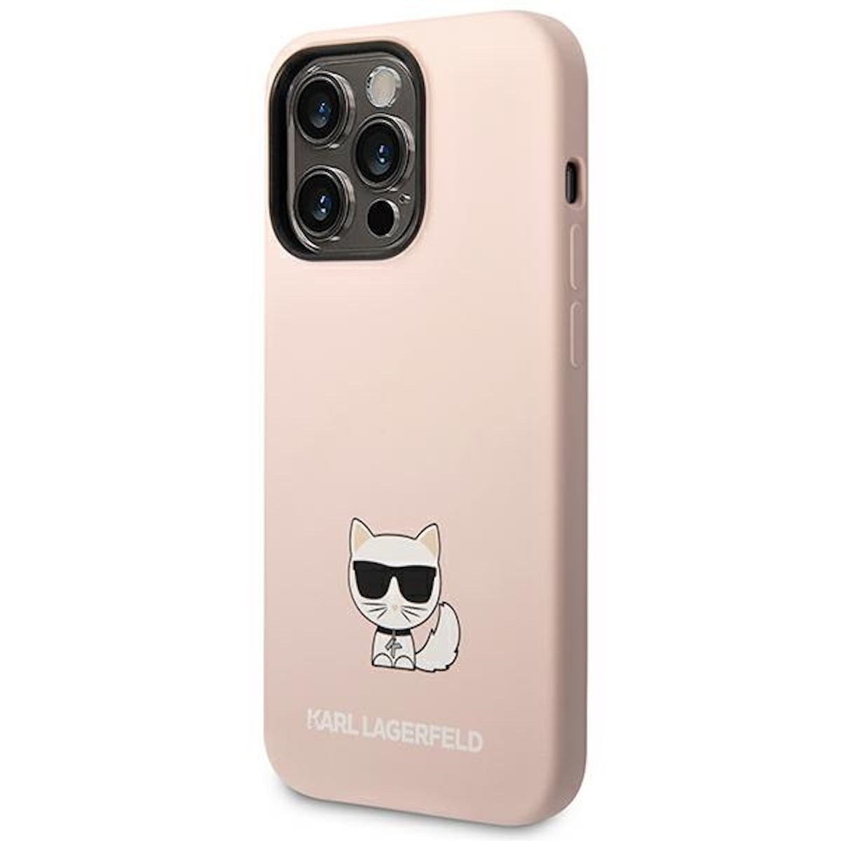 Custodia rosa per iPhone con design gatto Karl Lagerfeld e nome del marchio in basso.