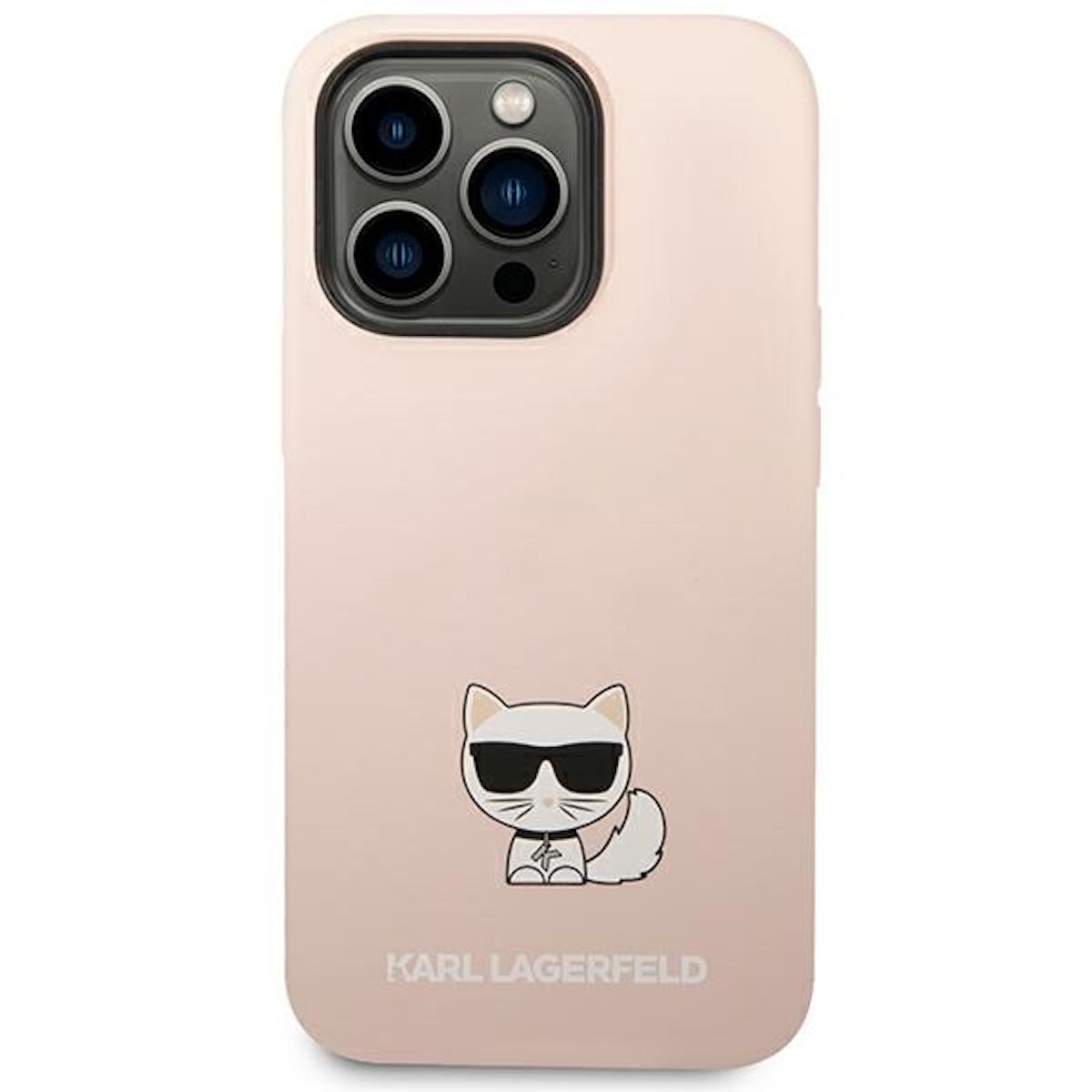 Custodia per telefono rosa con il logo del gatto Karl Lagerfeld. Sfondo bianco.