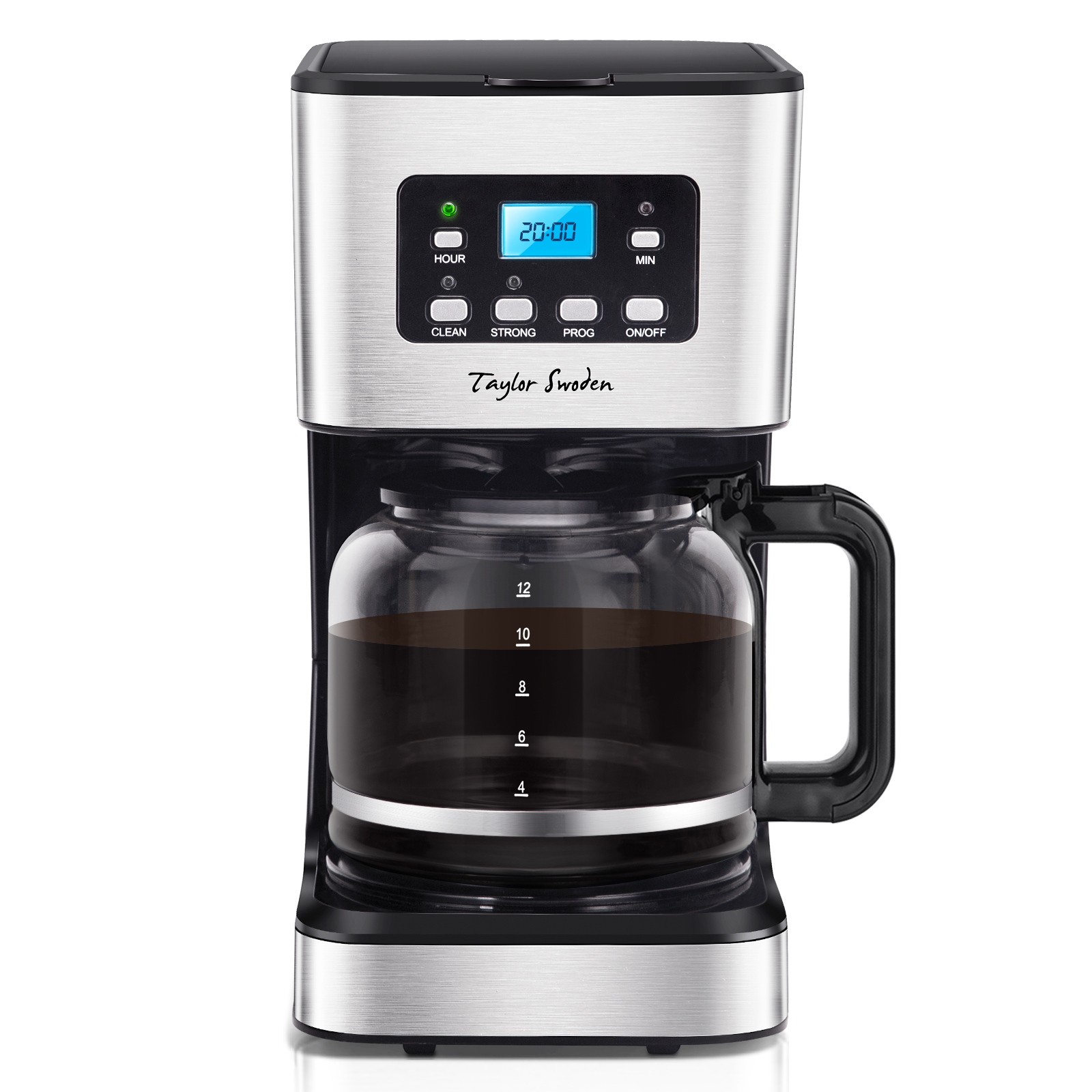 Una cafetera plateada y negra con una jarra de vidrio llena de café. Tiene una pantalla digital que muestra 20:00.