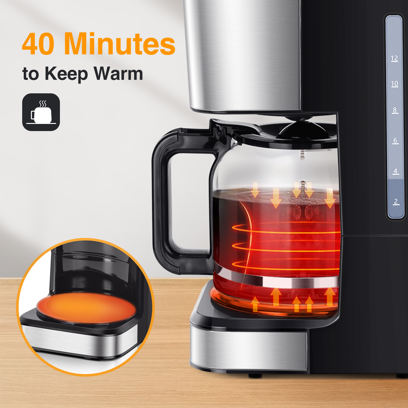 Cafetera con café dentro, texto '40 minutos para mantener caliente', sobre superficie de madera.