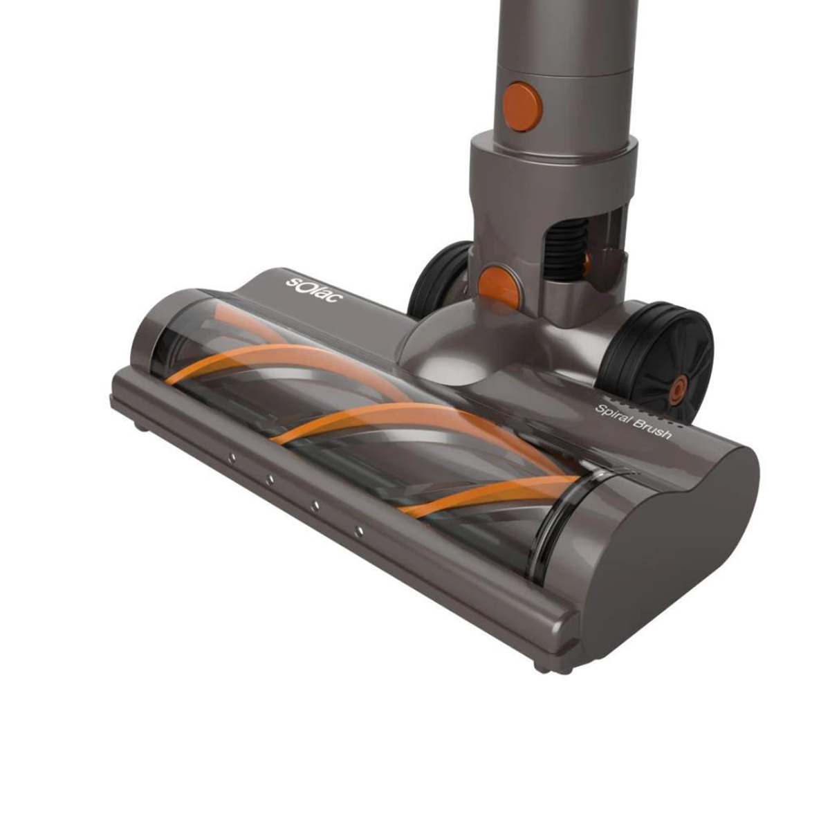 Cabezal de aspiradora con sección transparente y cepillo espiral naranja. El cuerpo es gris.